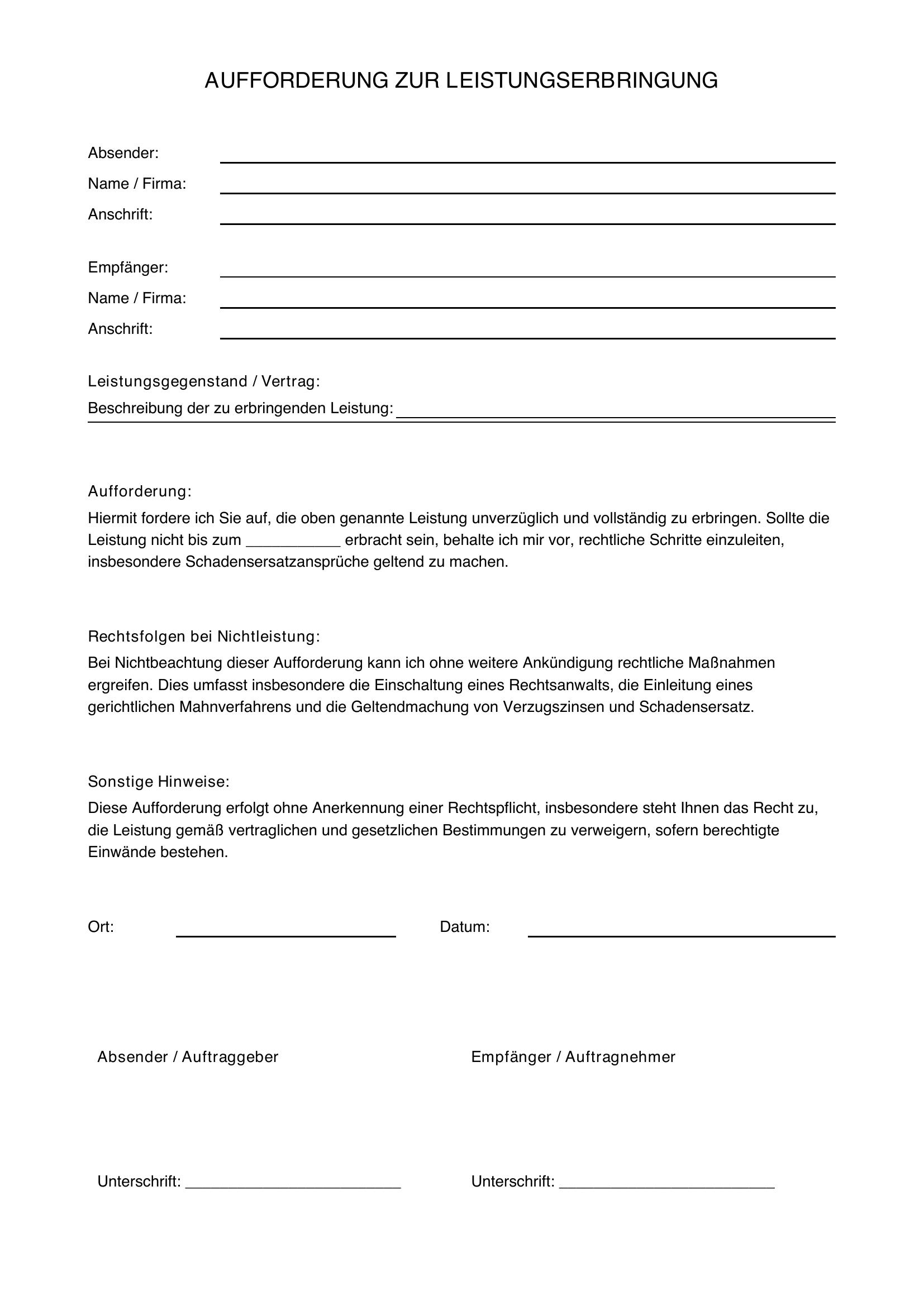Aufforderung Zur Leistungserbringung Vorlage