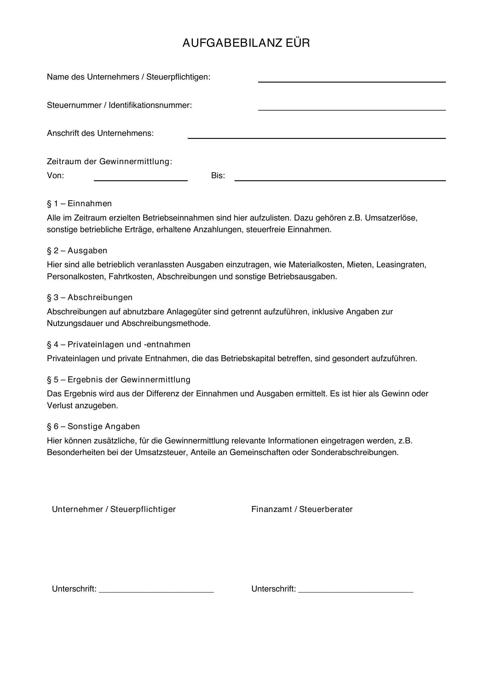 Aufgabebilanz Eür Vorlage