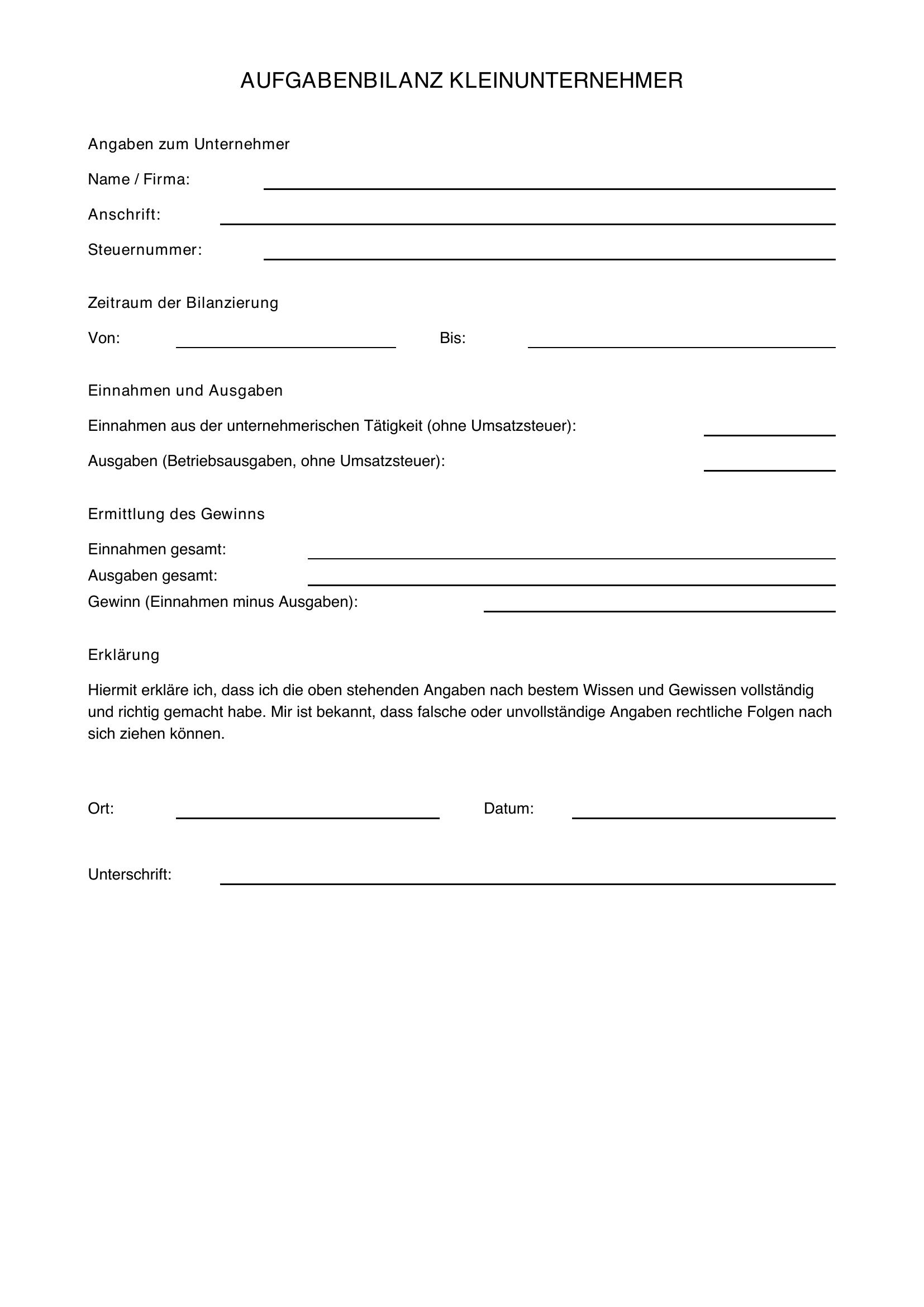 Aufgabebilanz Kleinunternehmer Muster