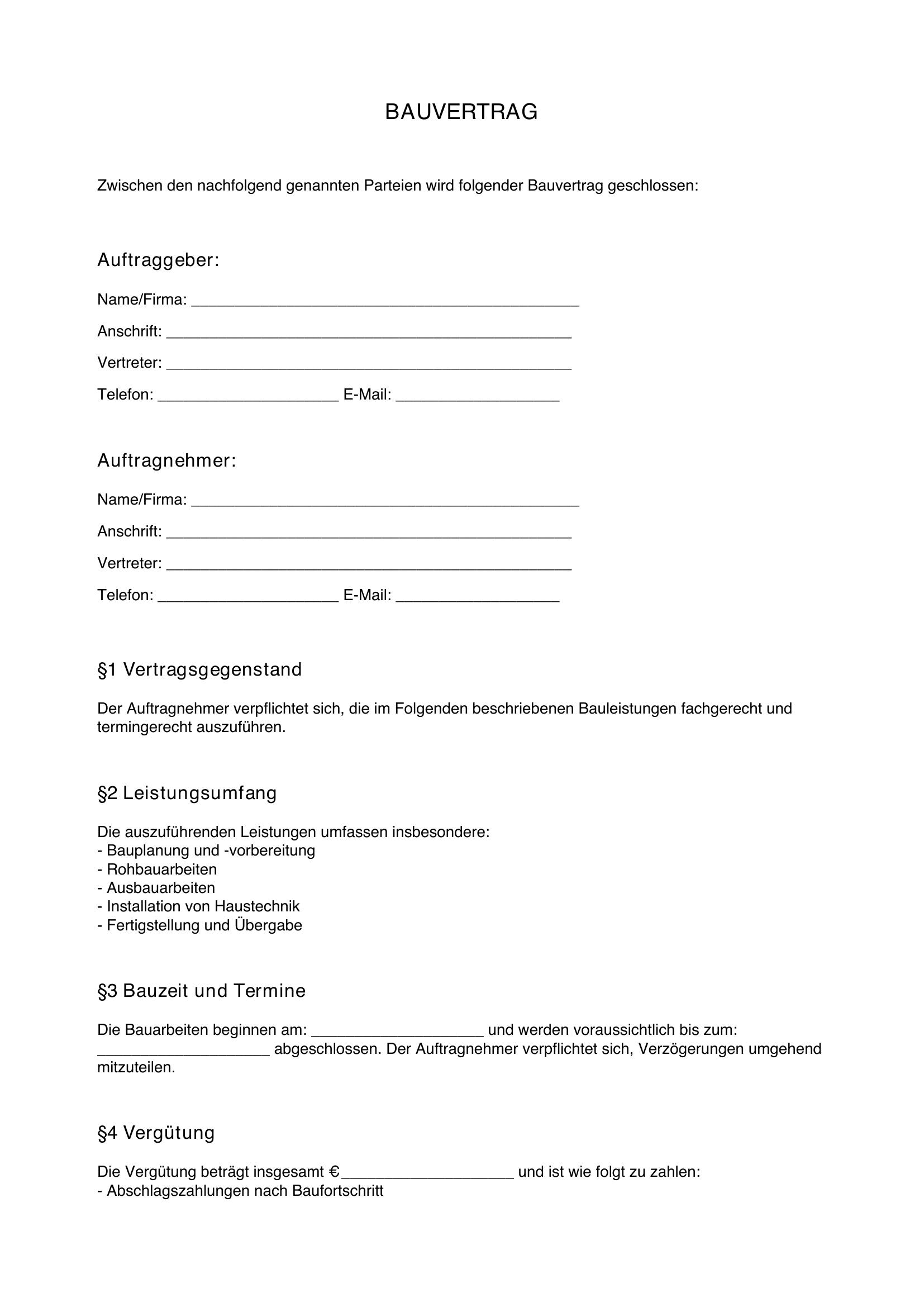Bauvertrag Vorlage