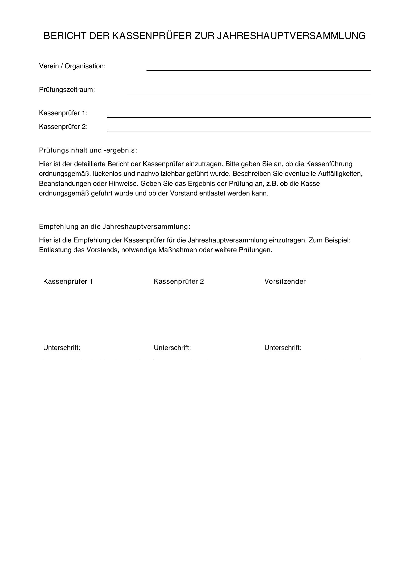 Bericht Kassenprüfer Jahreshauptversammlung Muster