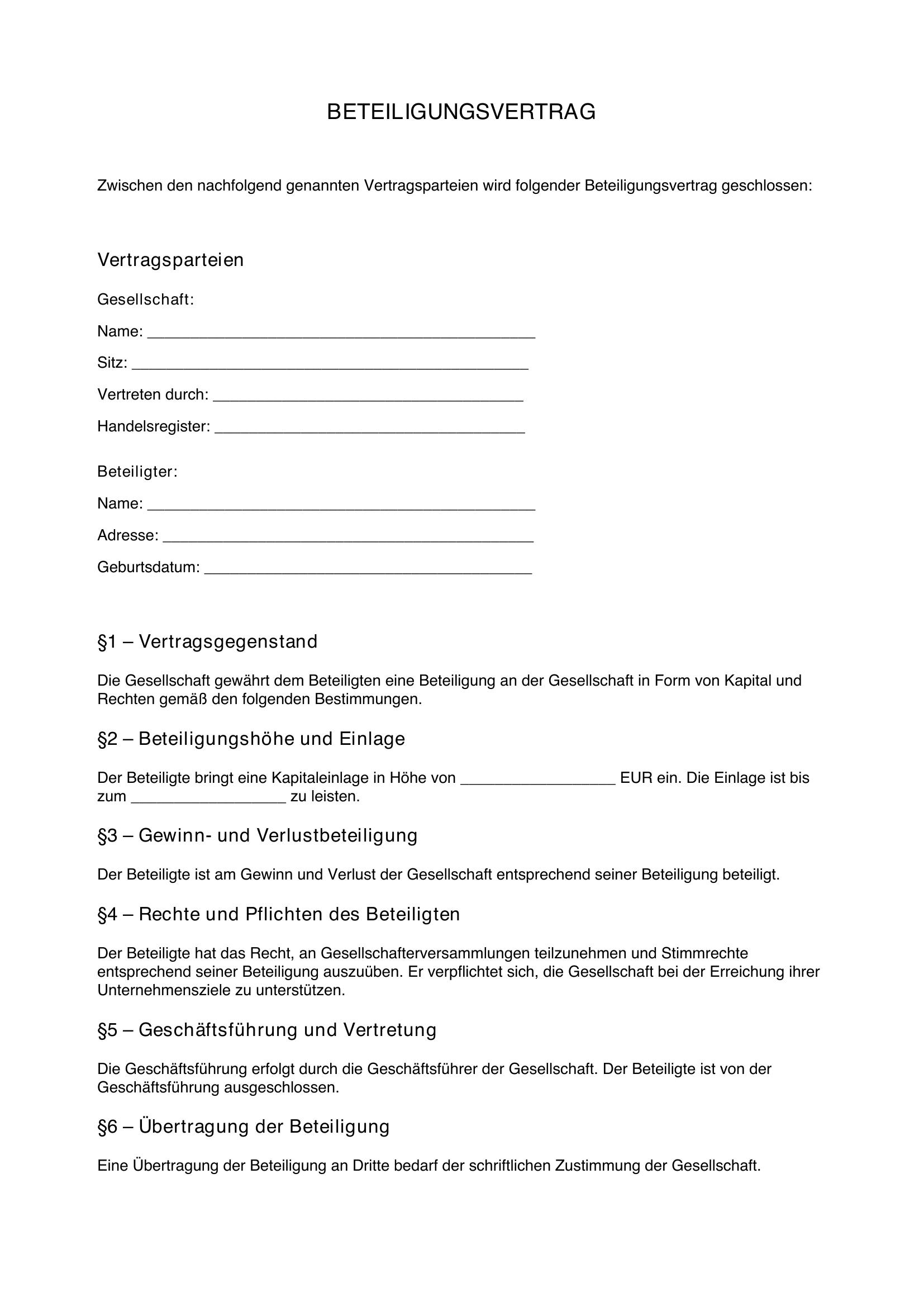 Beteiligungsvertrag Muster
