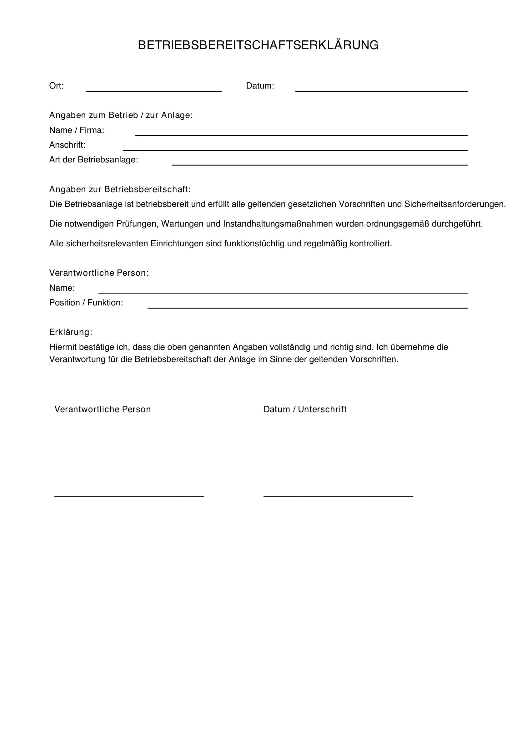 Betriebsbereitschaftserklärung