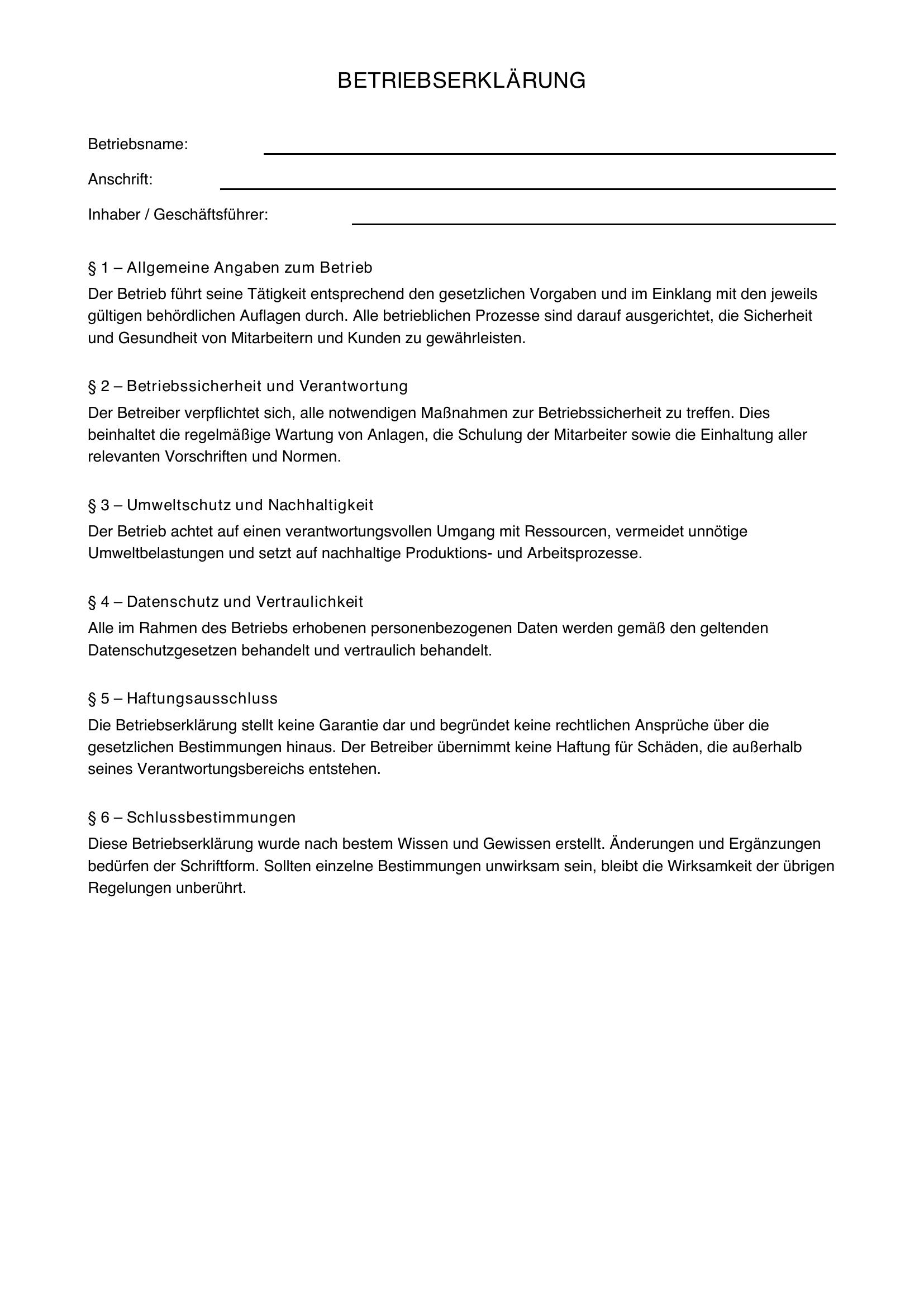 Betriebserklärung Vorlage