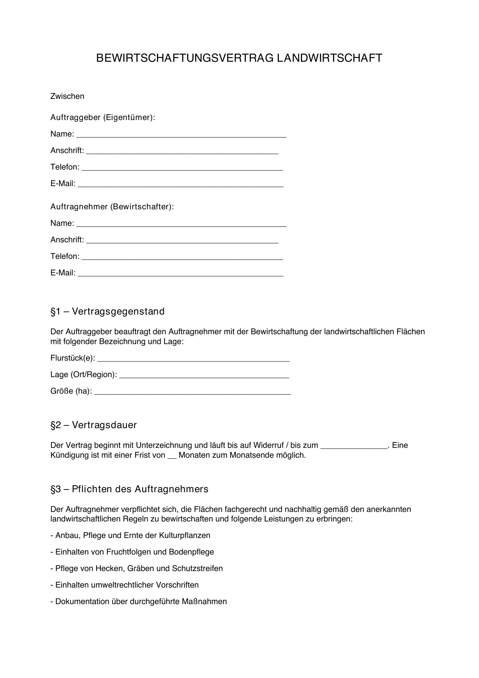 Bewirtschaftungsvertrag Landwirtschaft Vordruck