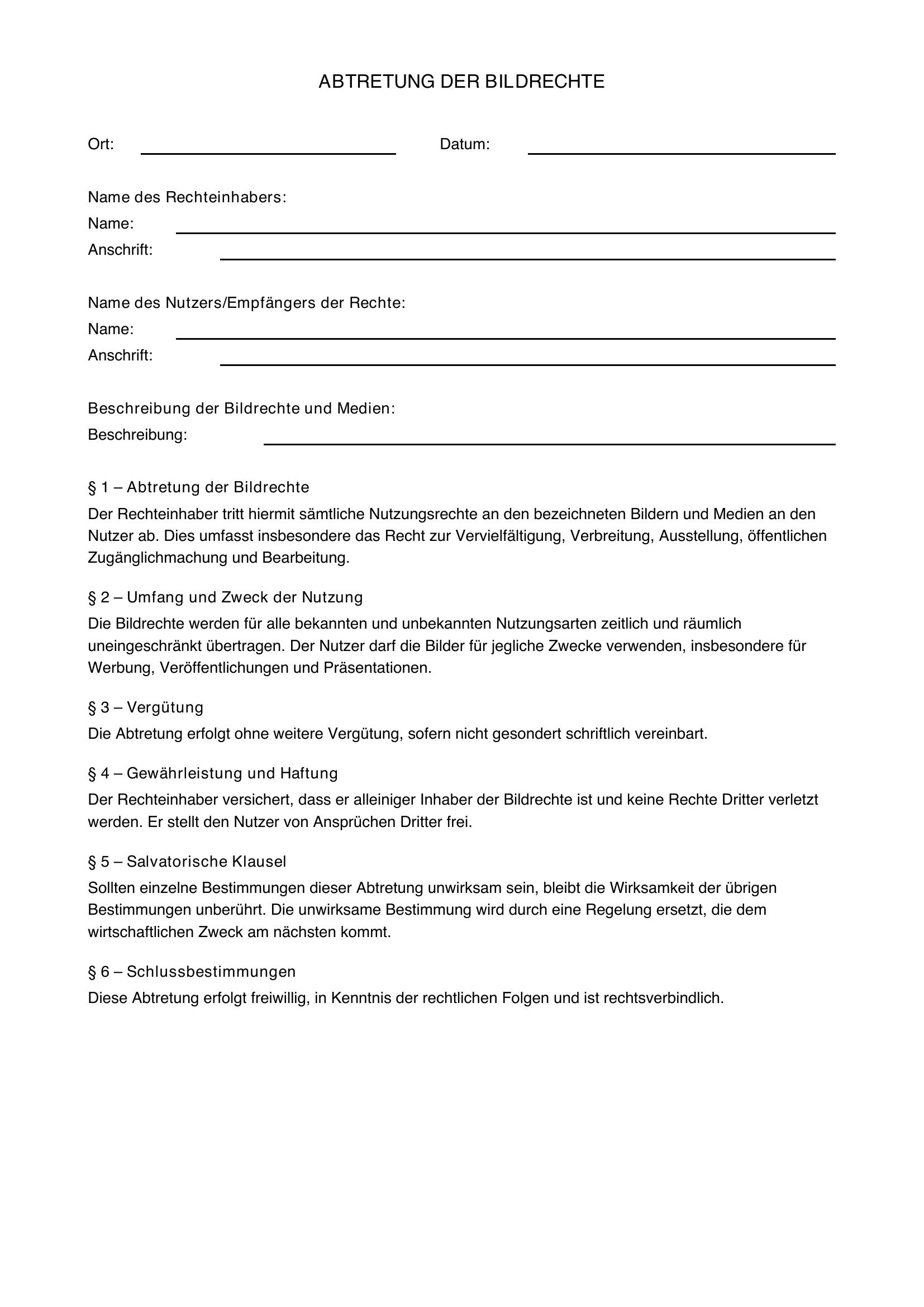 Bildrechte Abtreten Vorlage