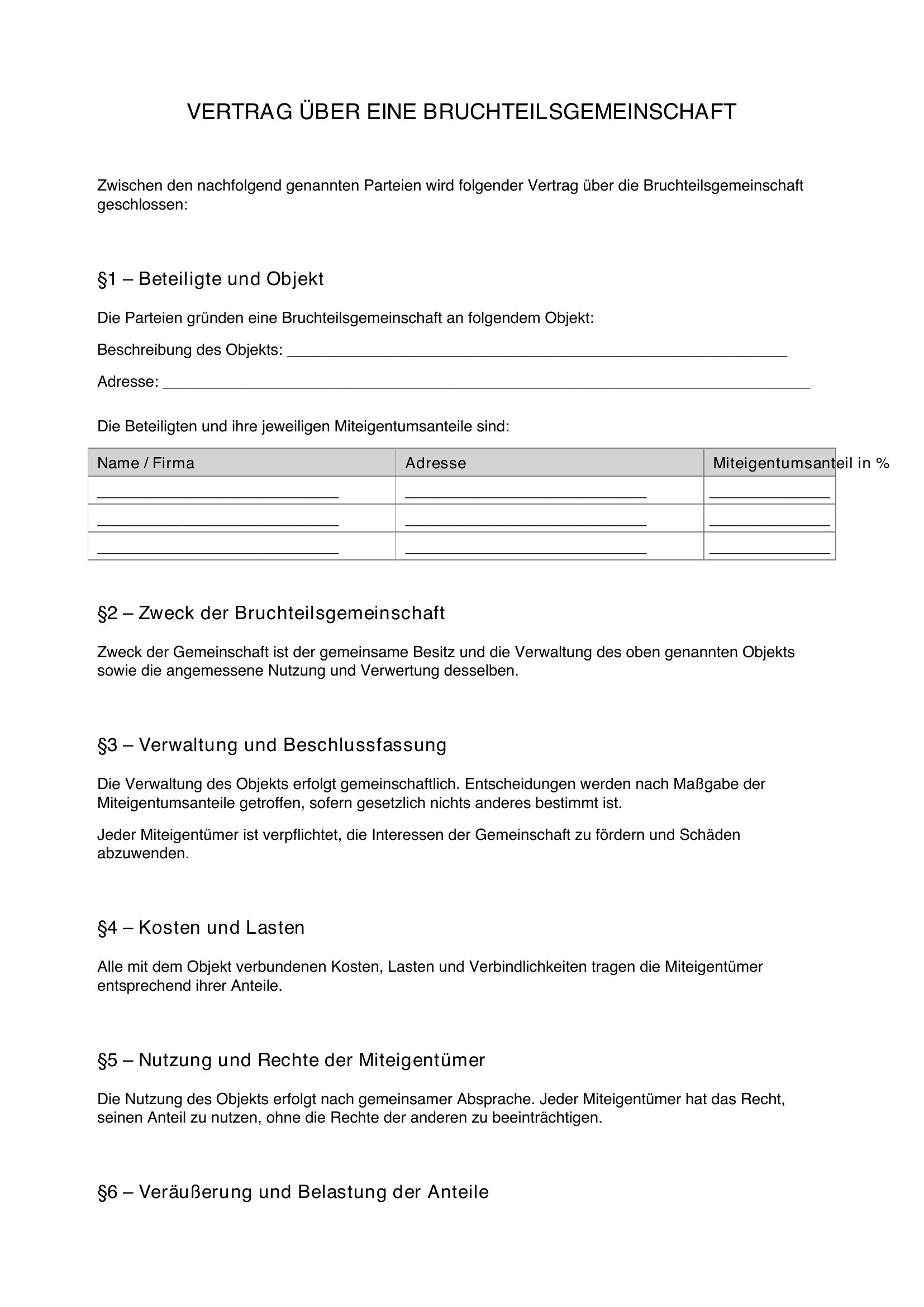 Bruchteilsgemeinschaft Vertrag Muster