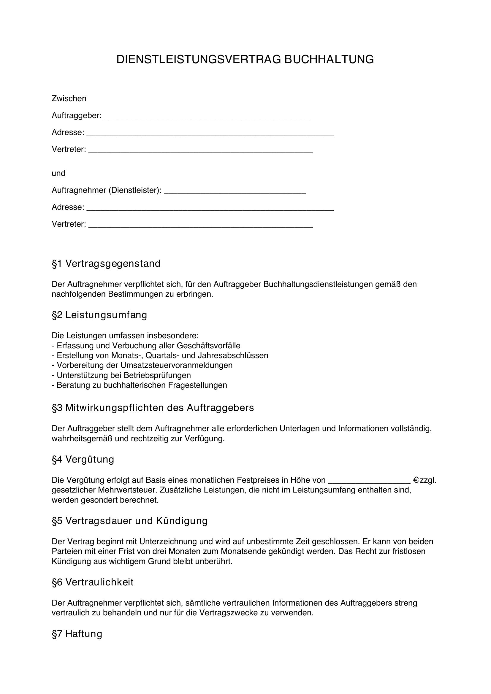 Dienstleistungsvertrag Buchhaltung Muster