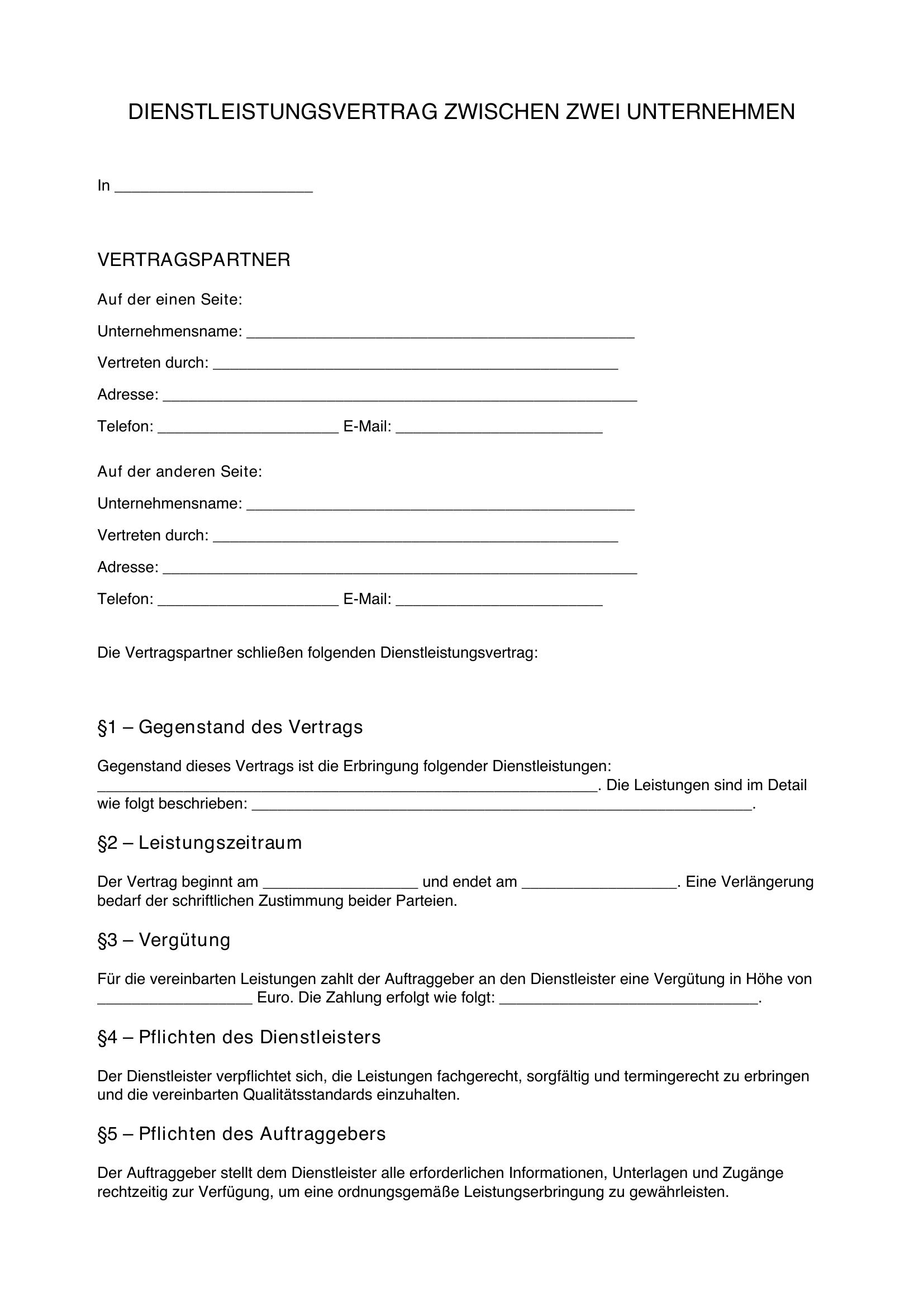 Dienstleistungsvertrag Zwischen Zwei Unternehmen