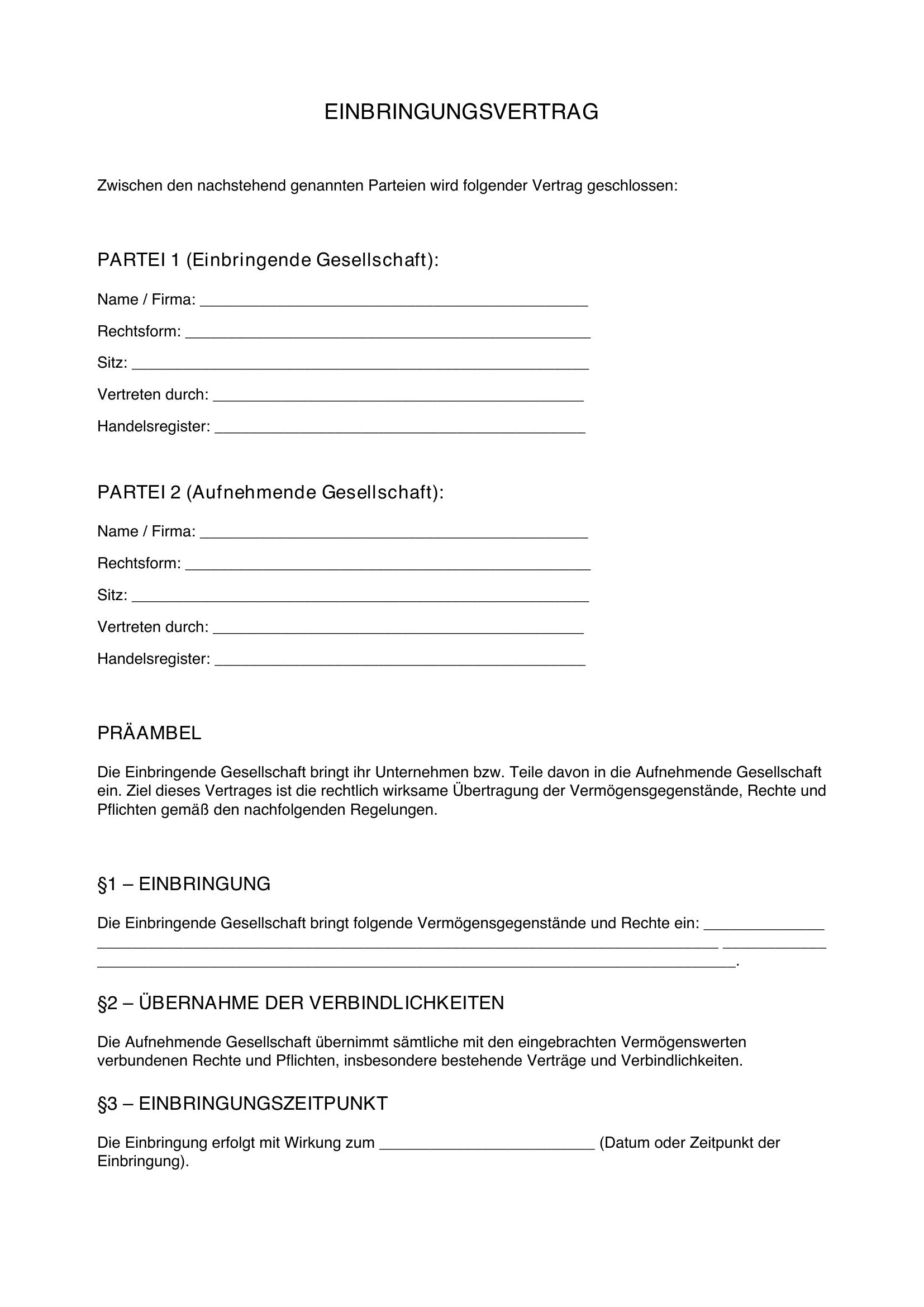 Einbringungsvertrag Muster