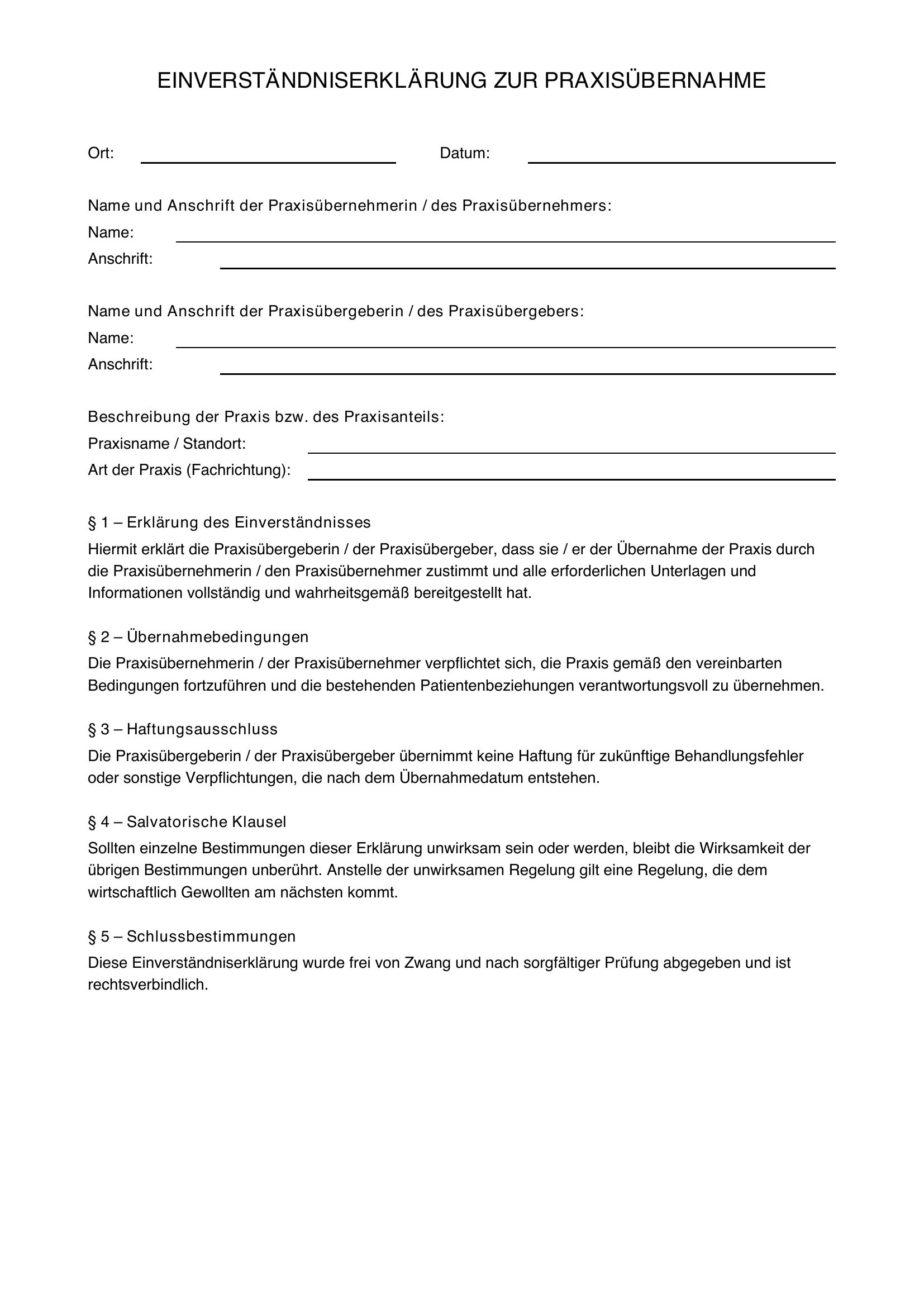 Einverständniserklärung Praxisübernahme Muster