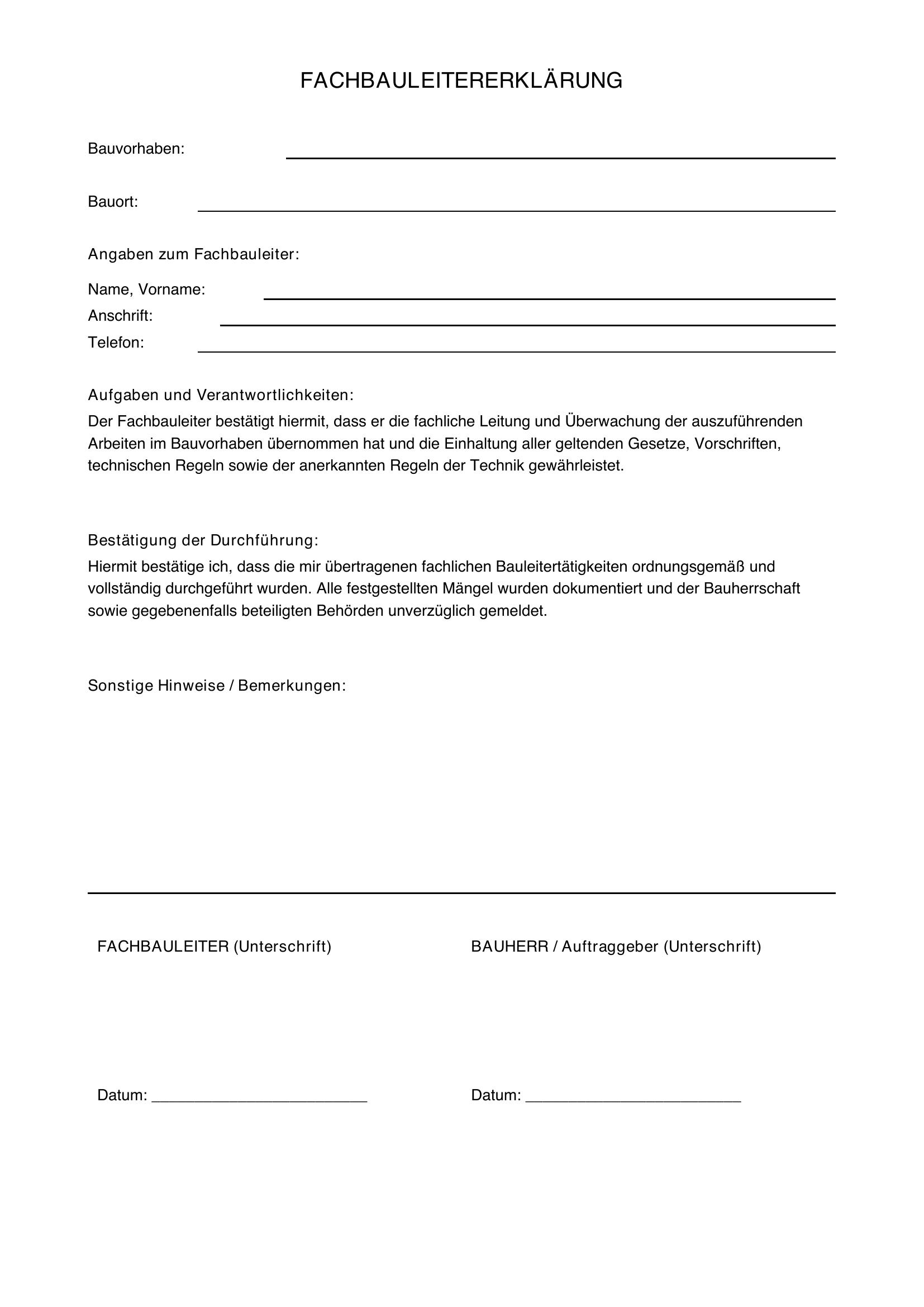 Fachbauleitererklärung Vorlage