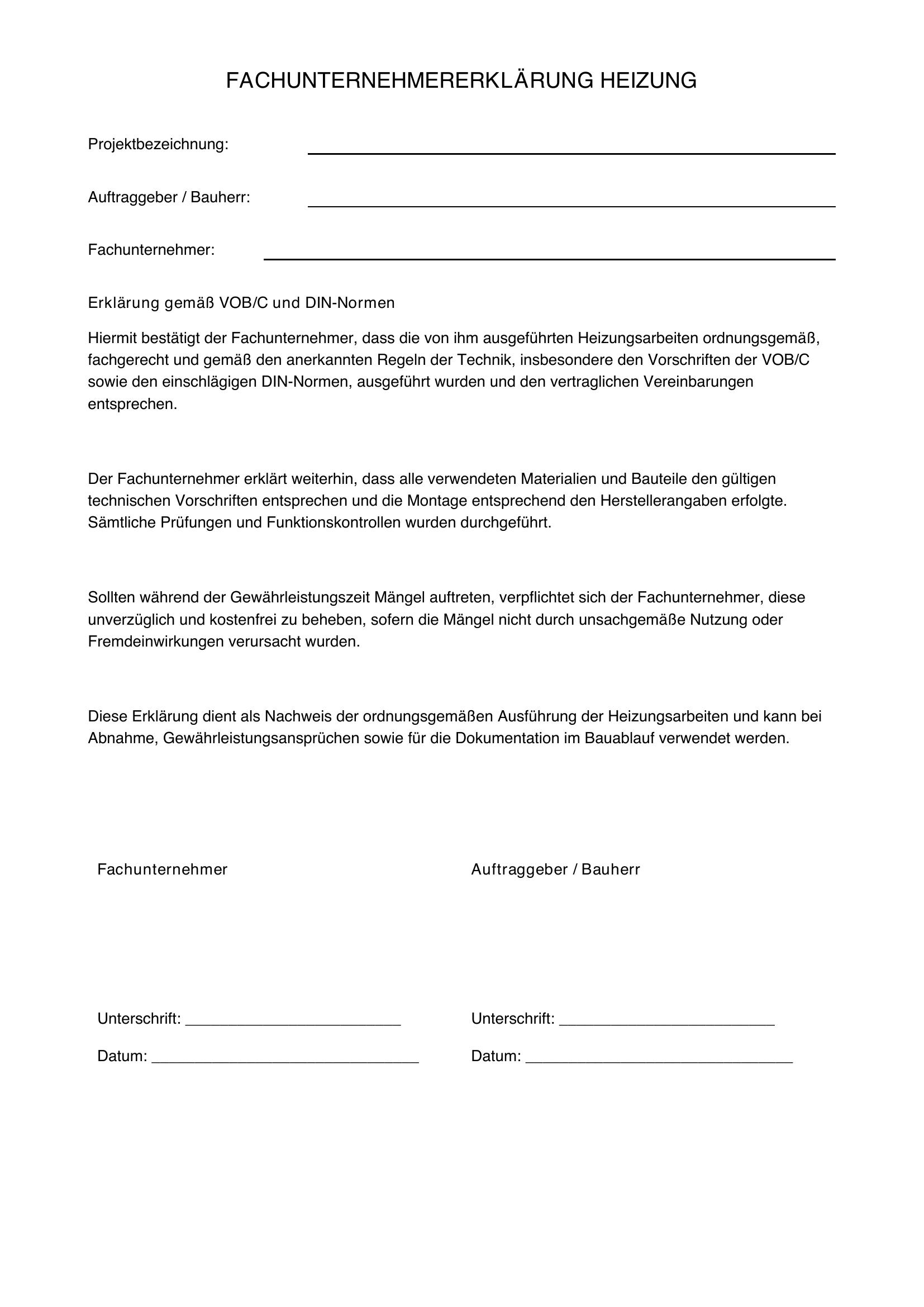 Fachunternehmererklärung Heizung Vorlage