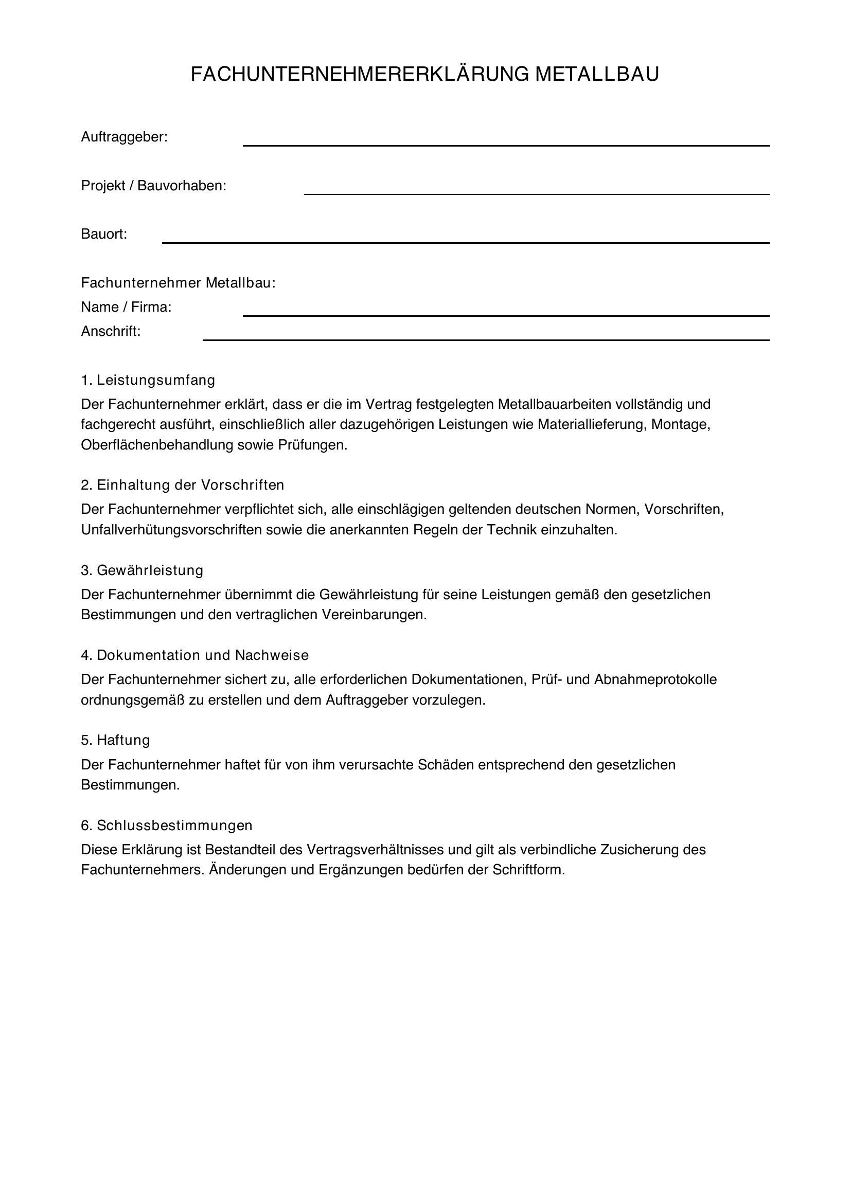 Fachunternehmererklärung Metallbau