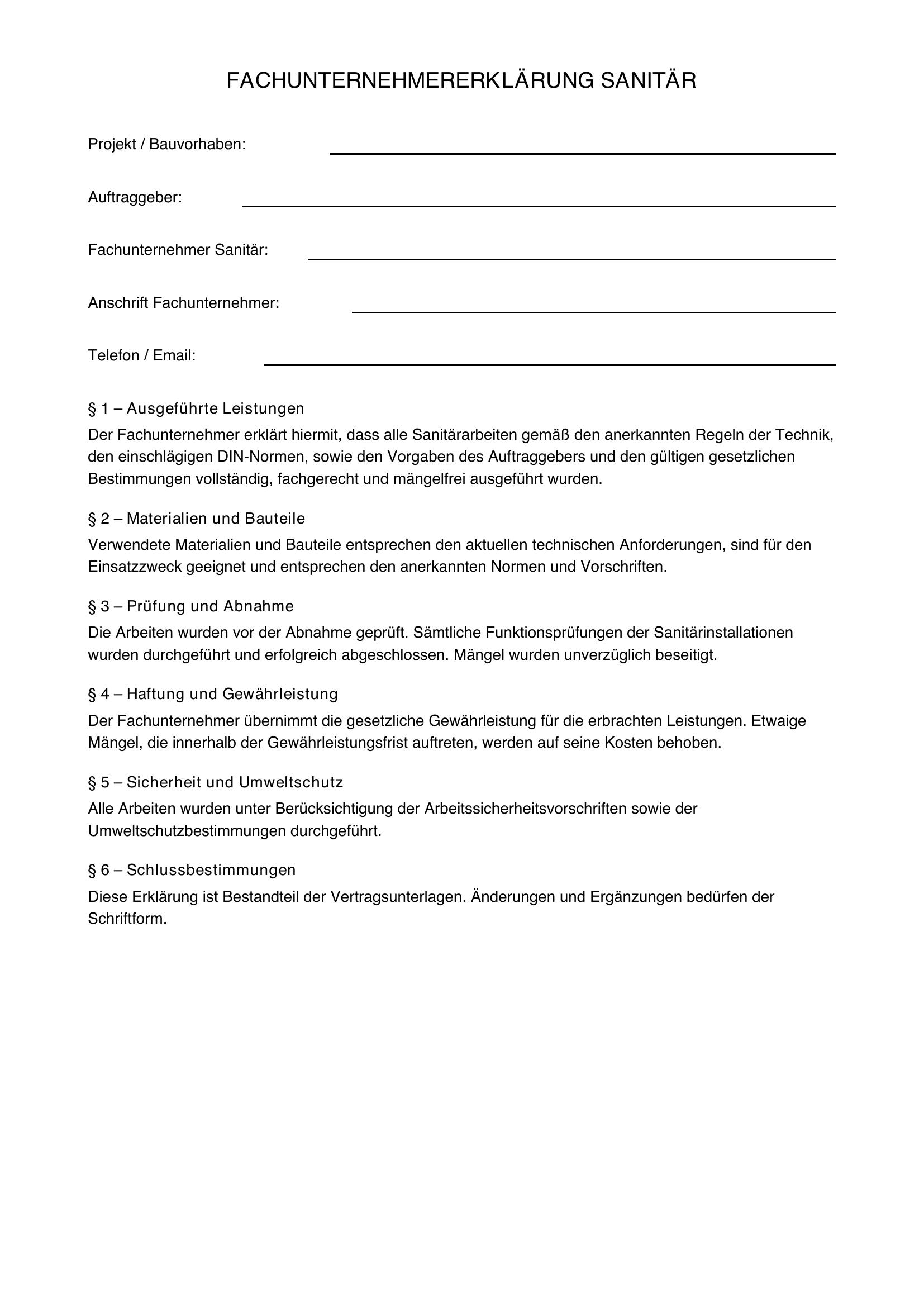Fachunternehmererklärung Sanitär