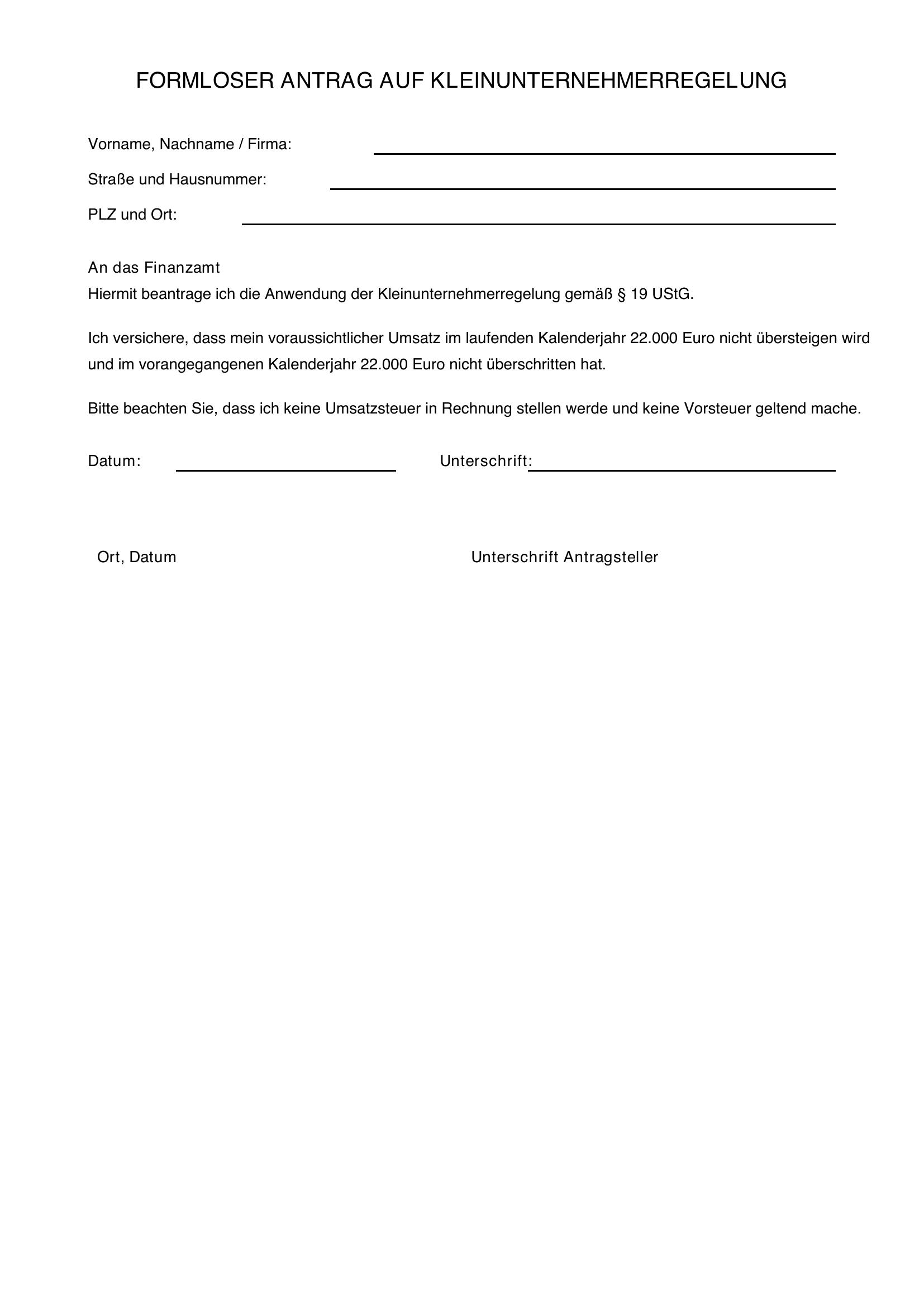 Formloser Antrag Kleinunternehmer Muster