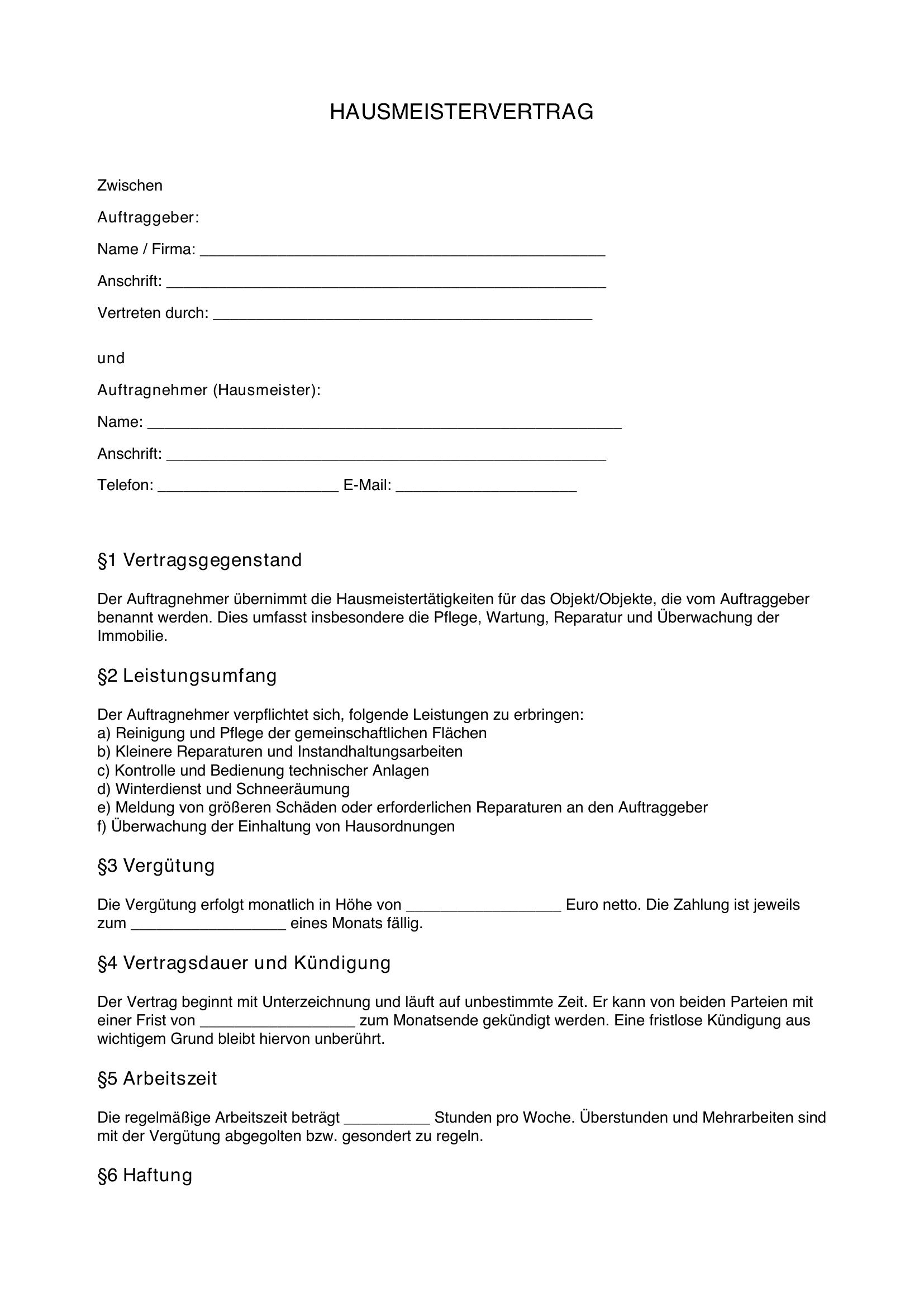 Hausmeistervertrag Vorlage