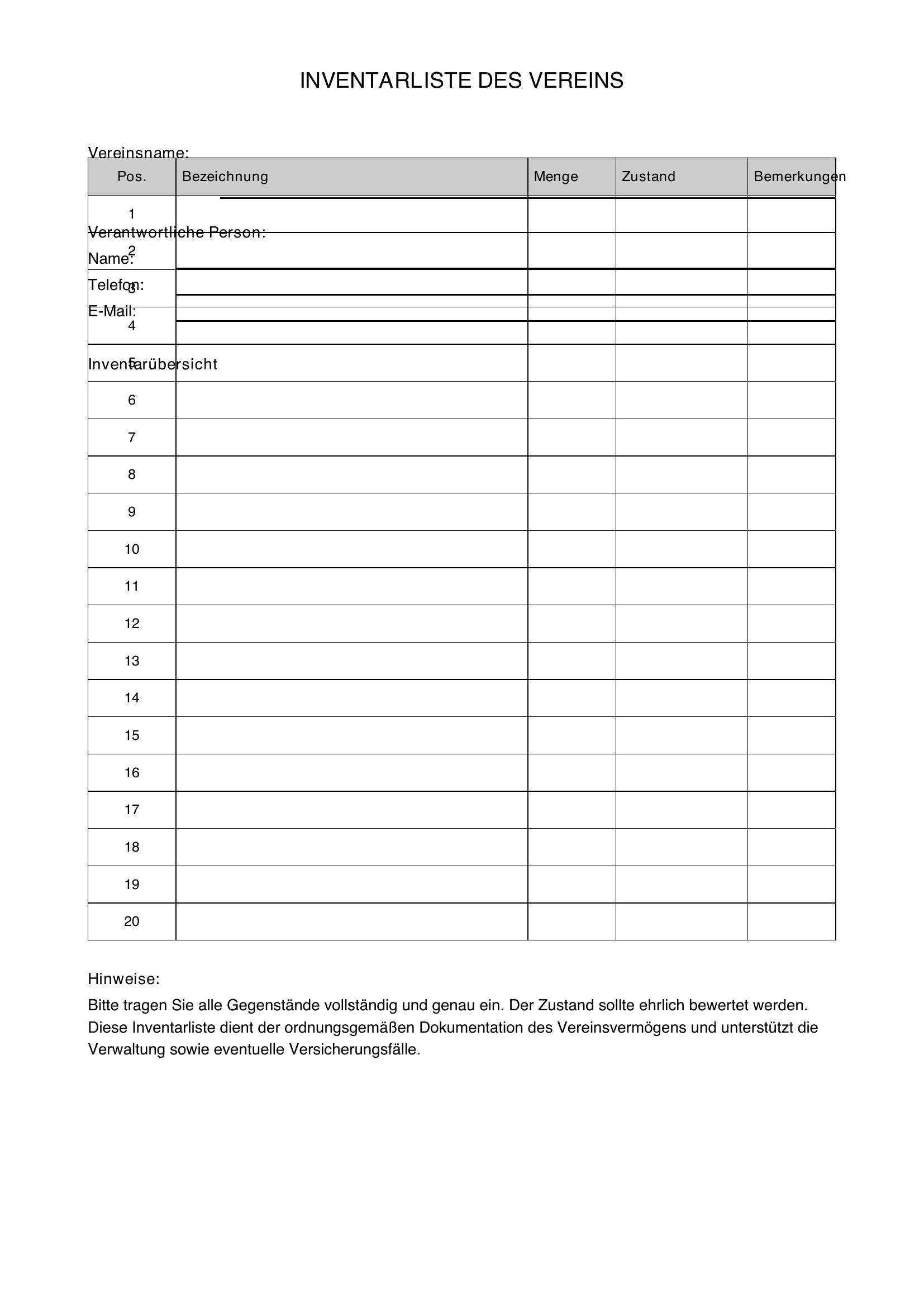 Inventarliste Verein Vorlage