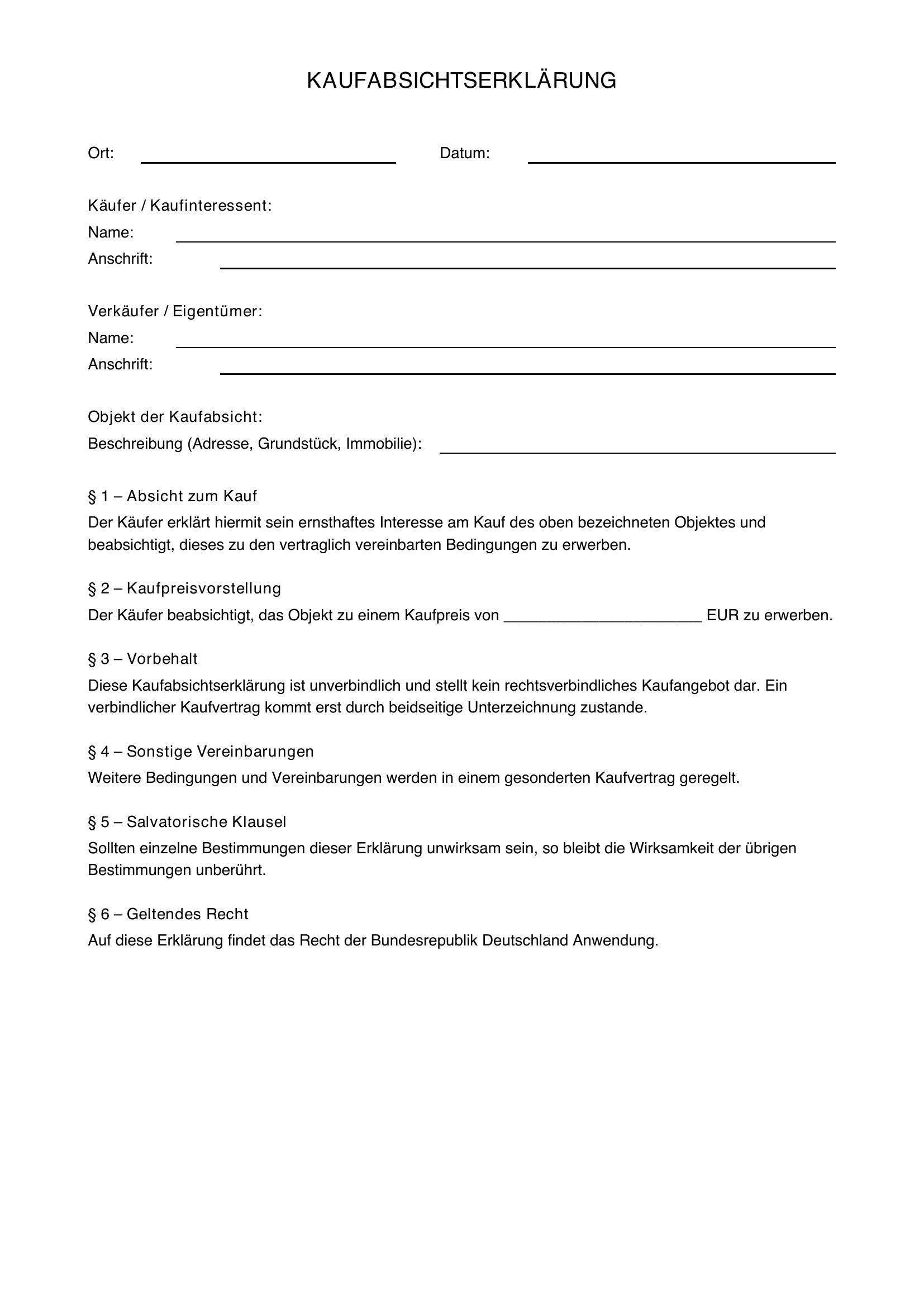 Kaufabsichtserklärung Vorlage