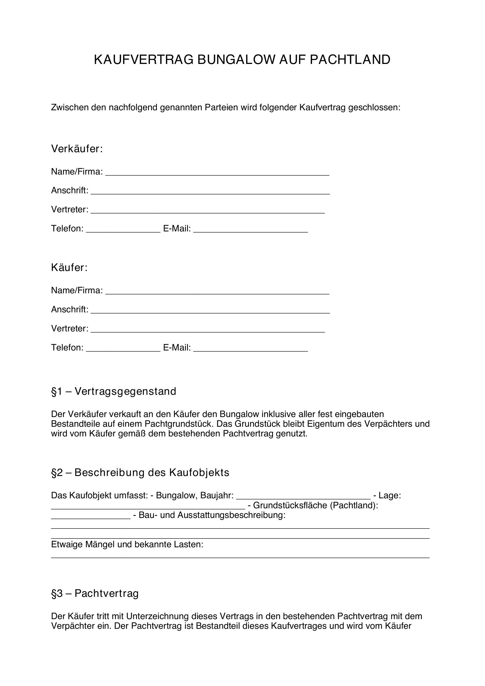 Muster Kaufvertrag Bungalow Auf Pachtland