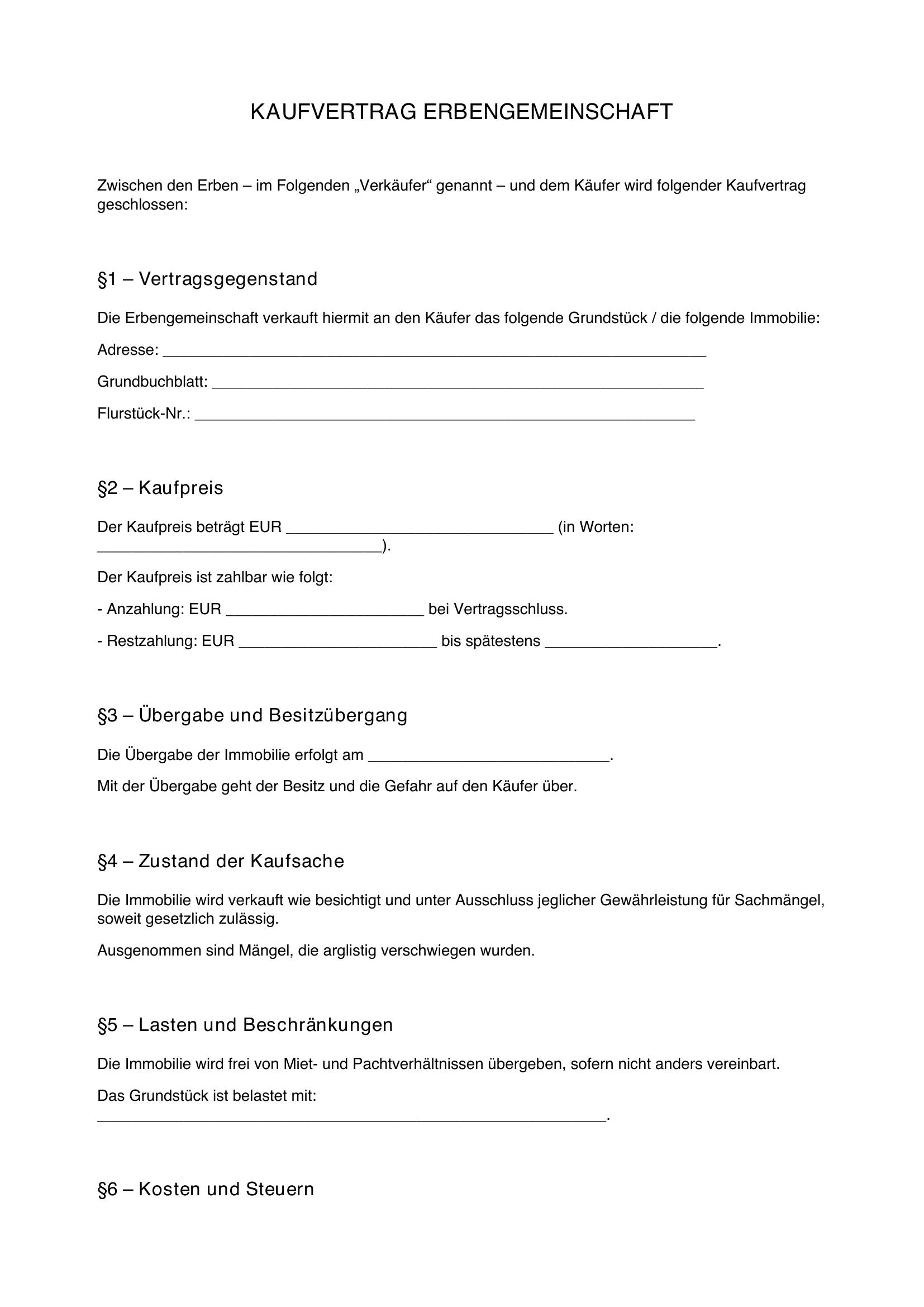 Kaufvertrag Erbengemeinschaft Muster