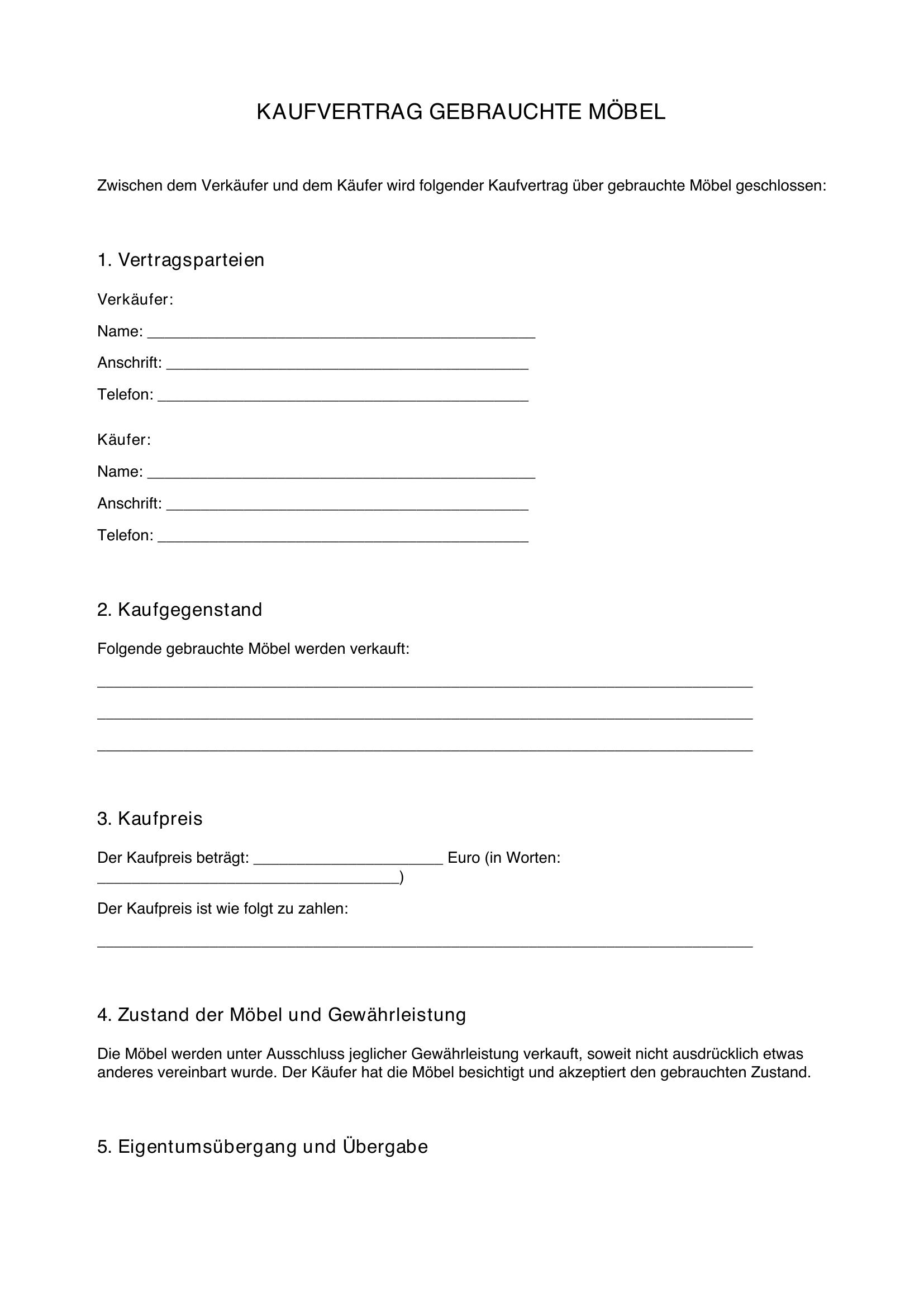 Kaufvertrag Gebrauchte Möbel