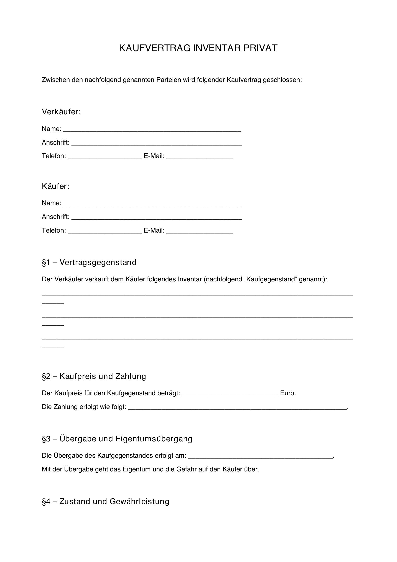 Kaufvertrag Inventar Privat