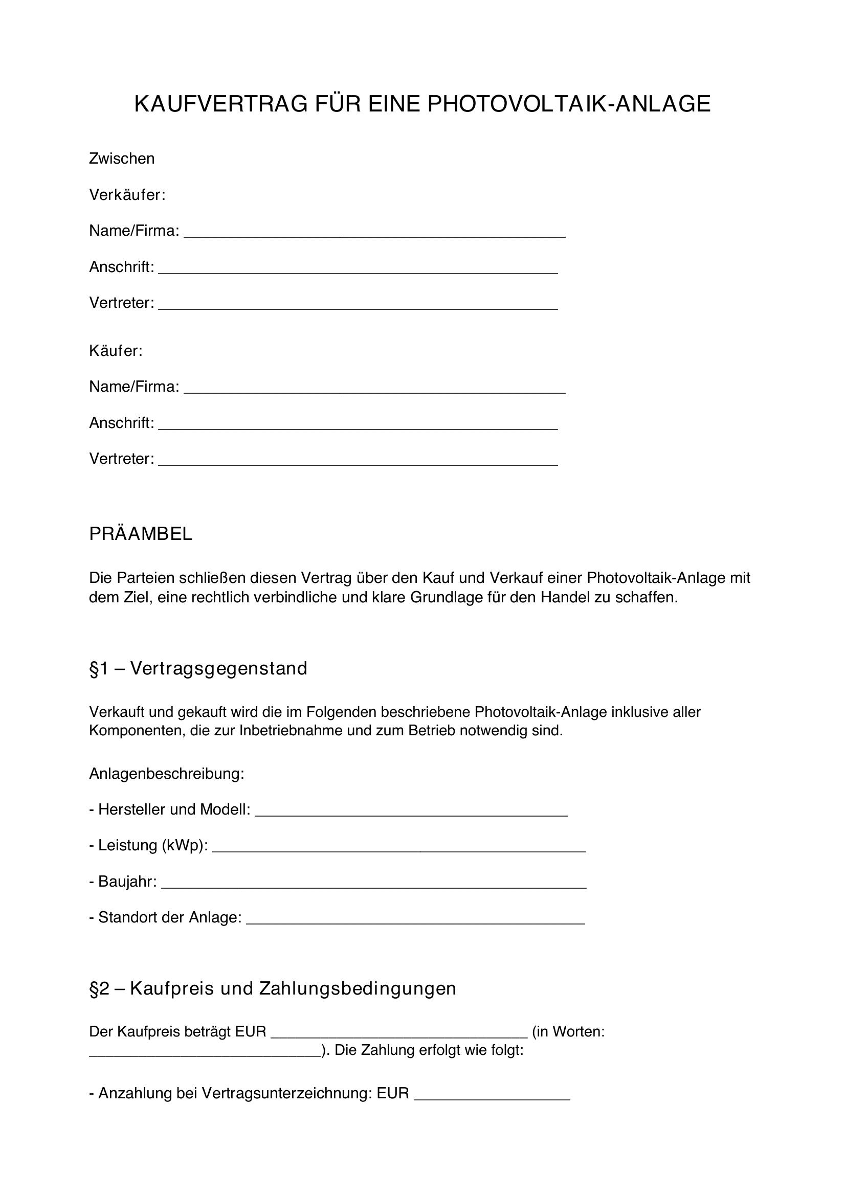 Kaufvertrag Pv-Anlage