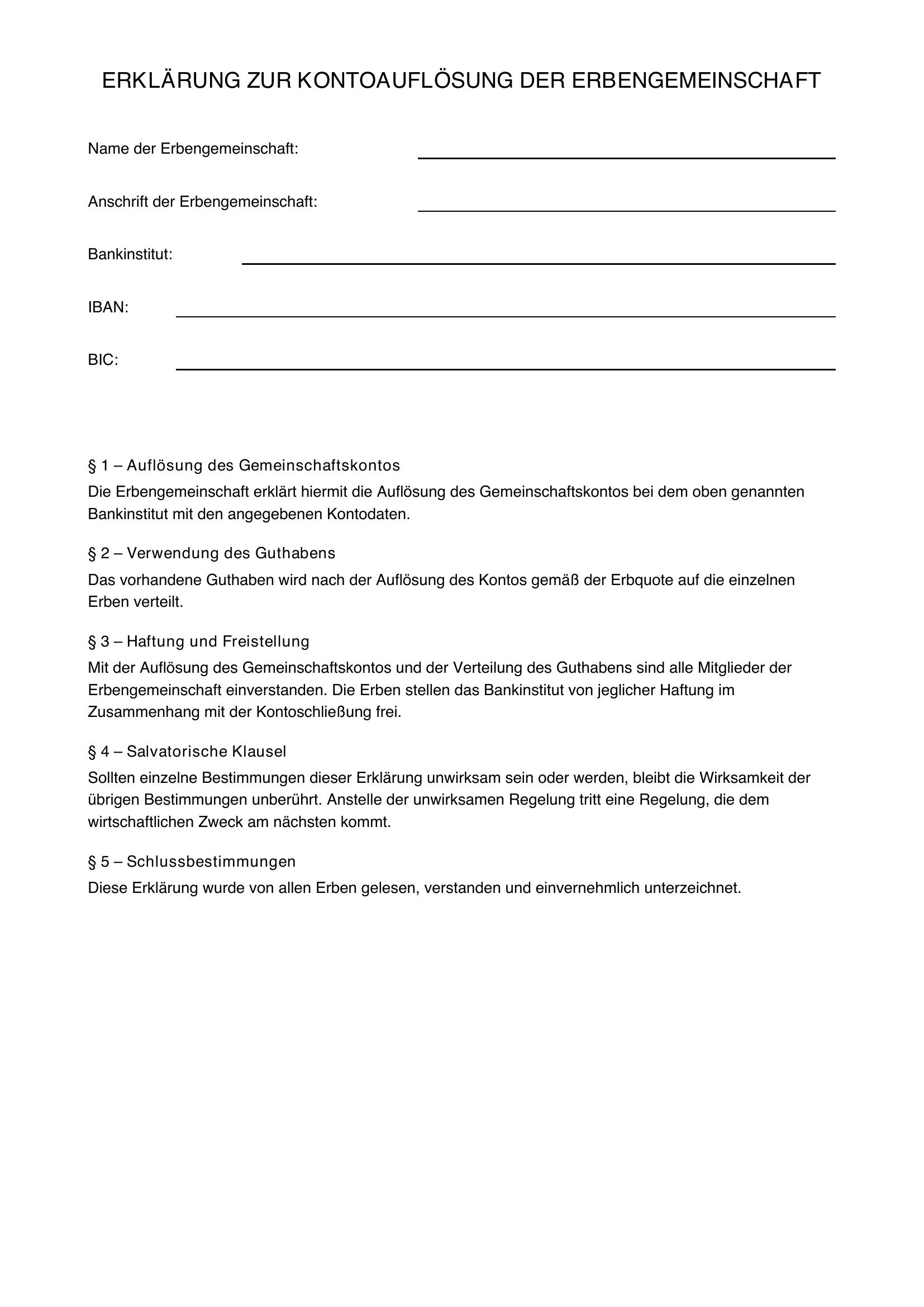 Kontoauflösung Erbengemeinschaft Muster