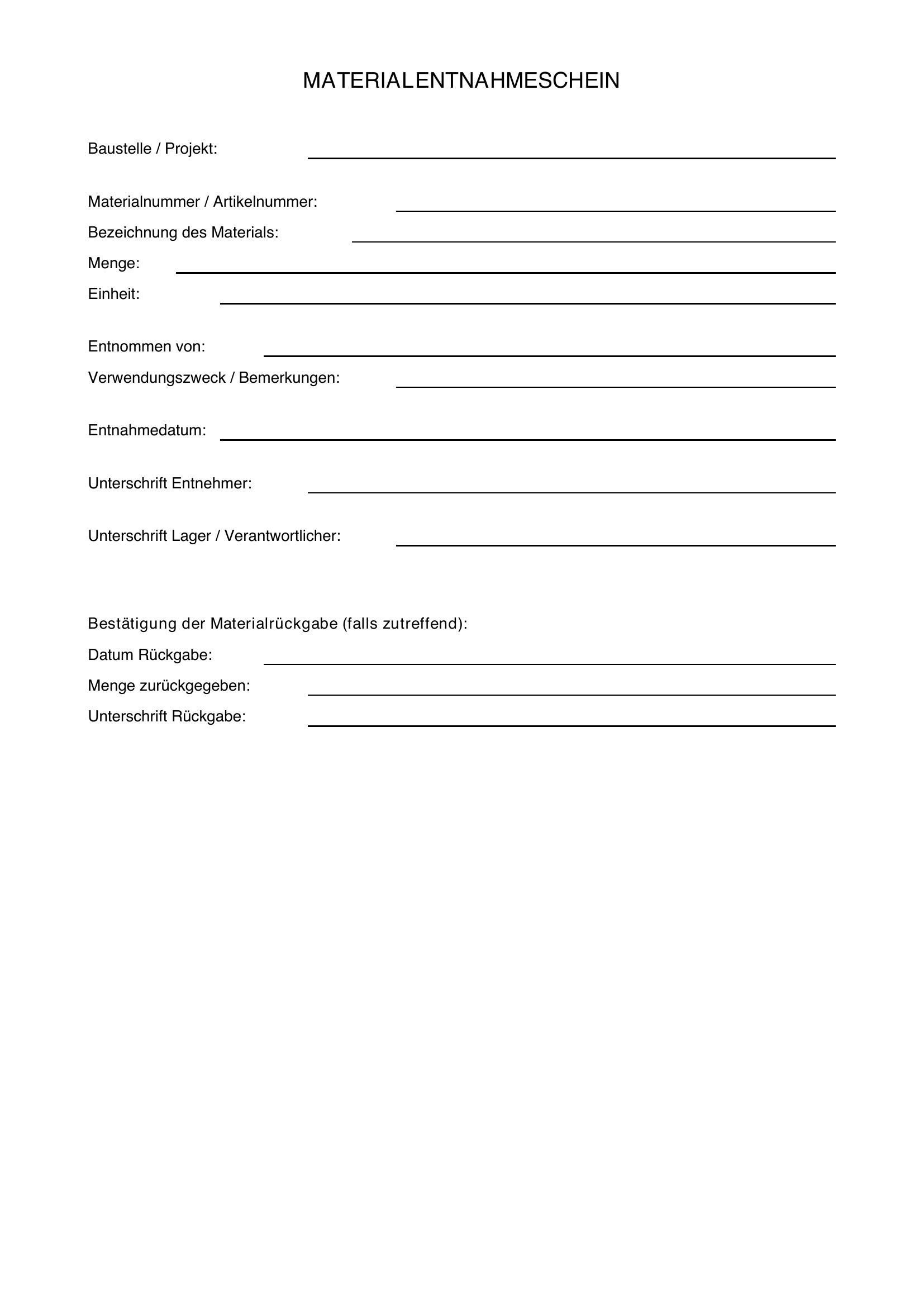 Materialentnahmeschein Vorlage
