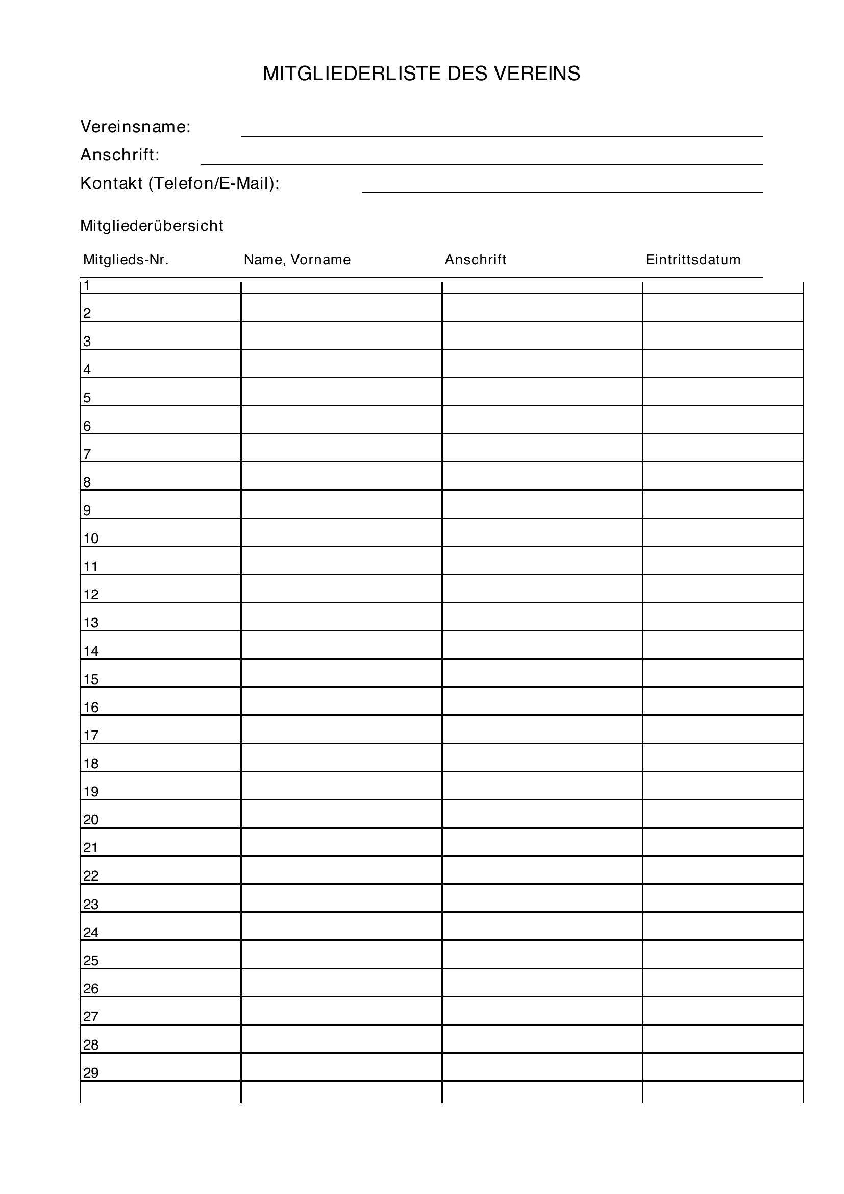 Mitgliederliste Verein Vorlage