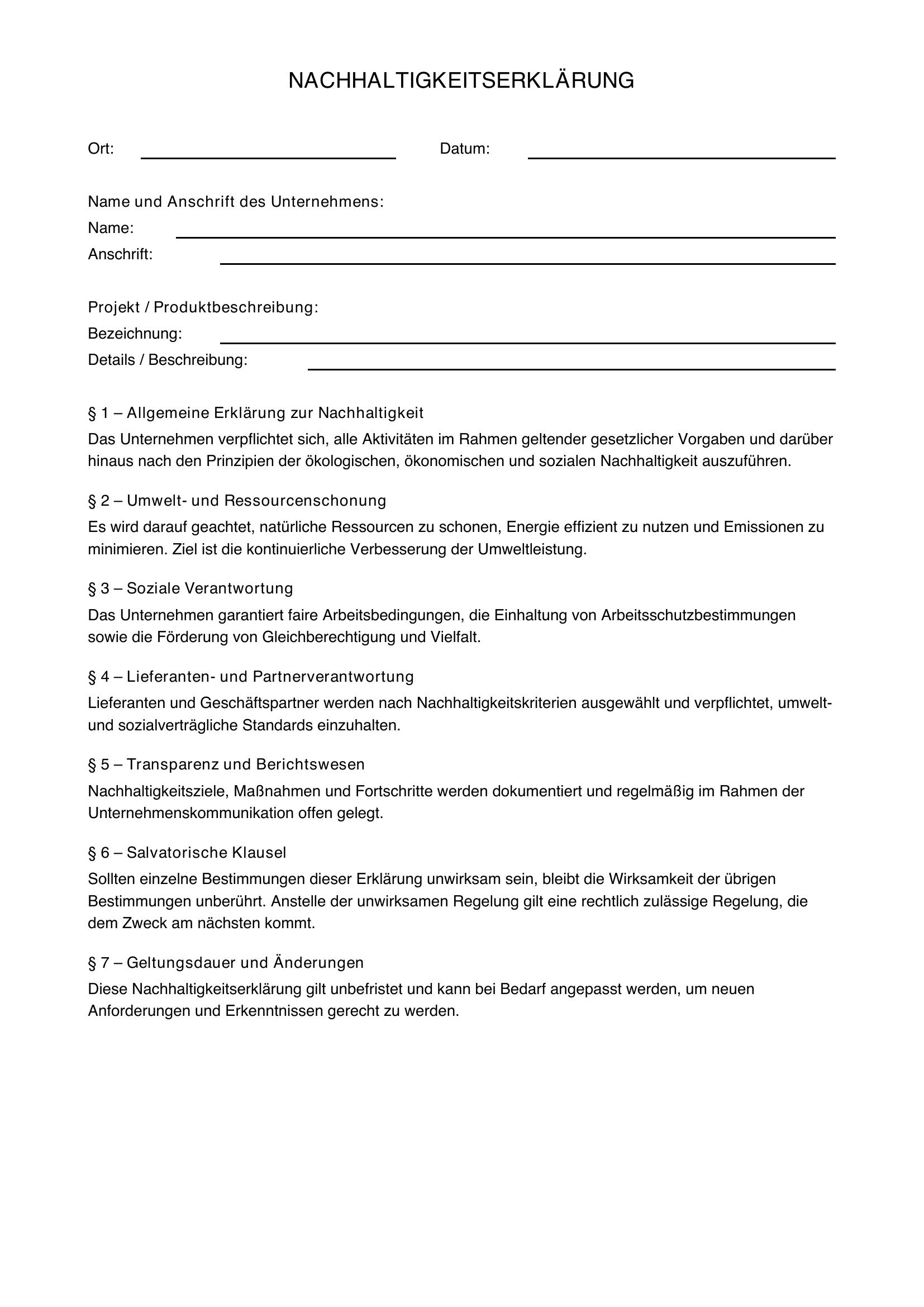 Nachhaltigkeitserklärung Muster