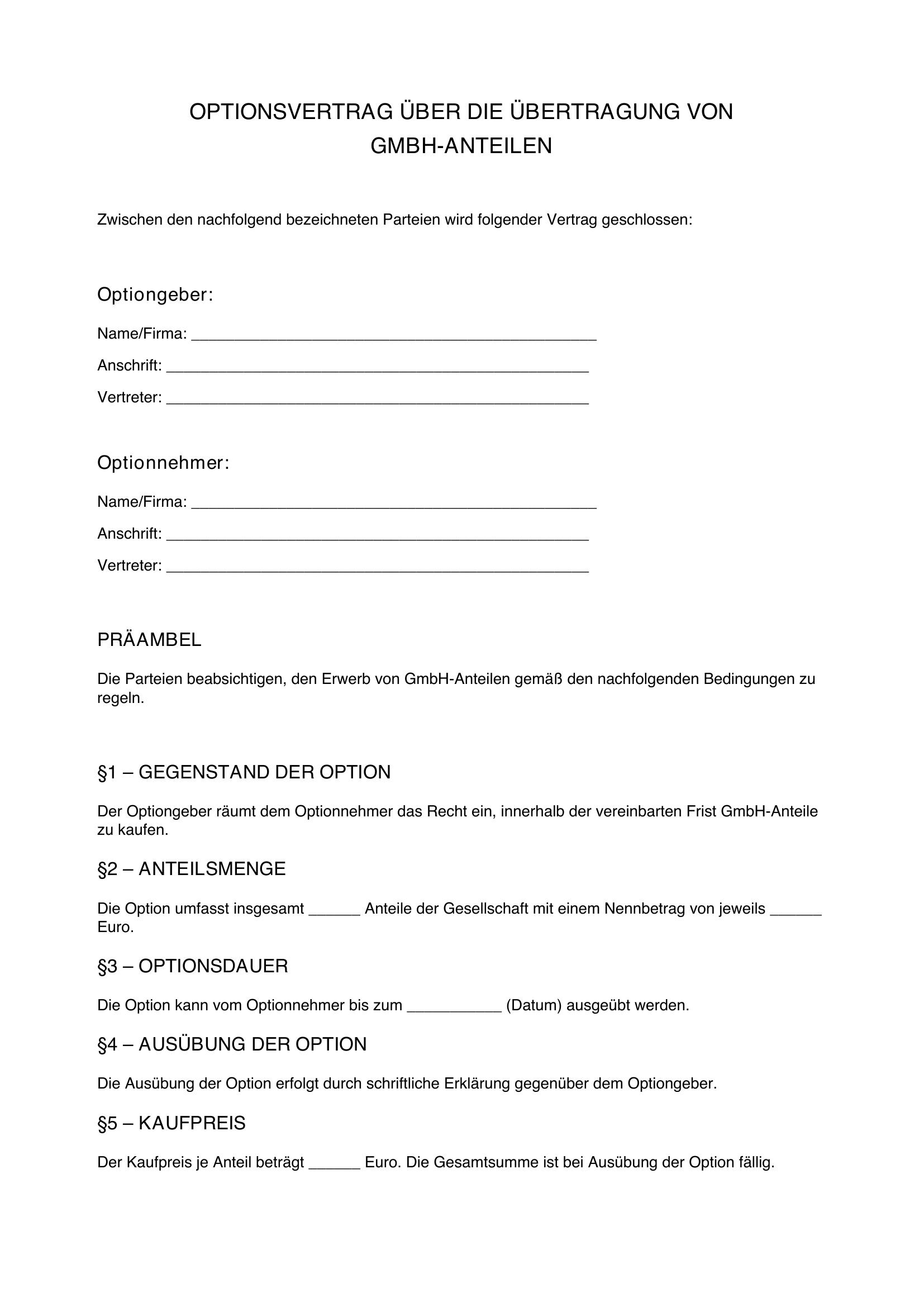 Optionsvertrag Gmbh Anteile Muster