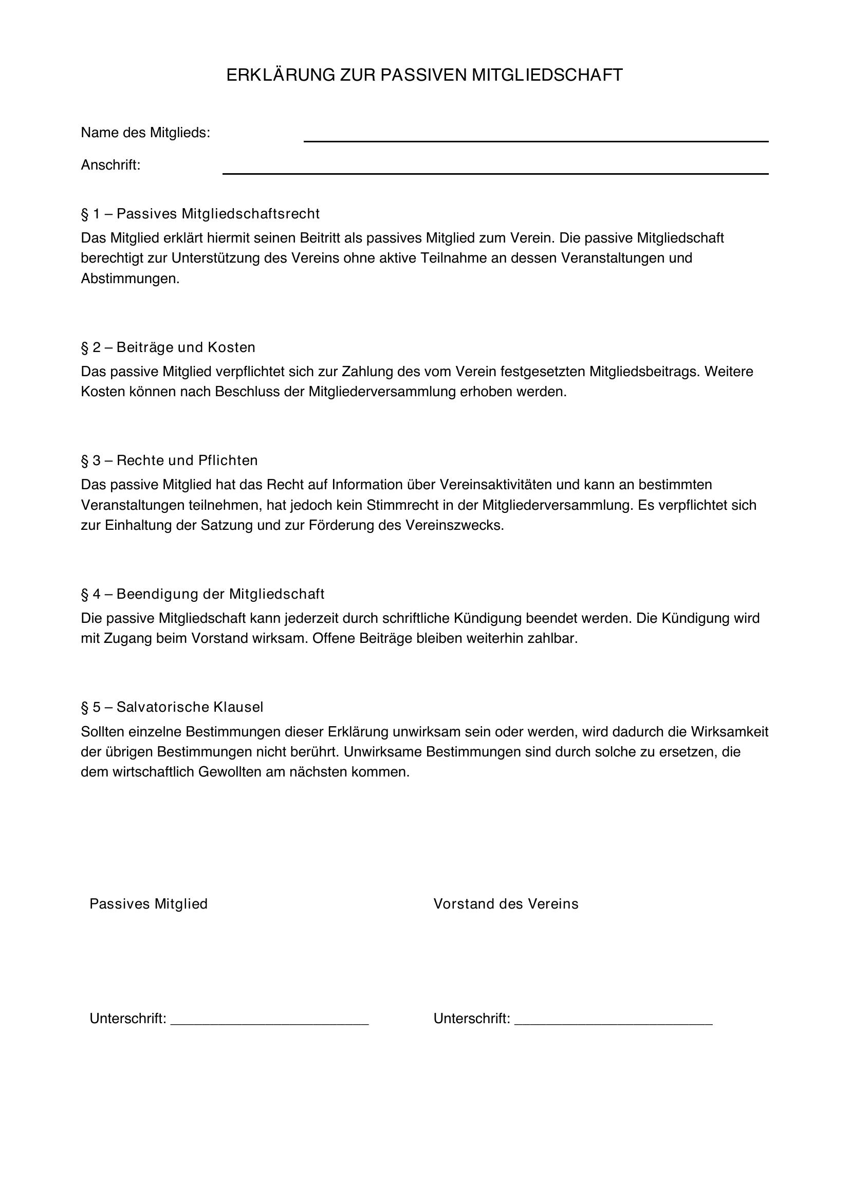Passive Mitgliedschaft Vorlage