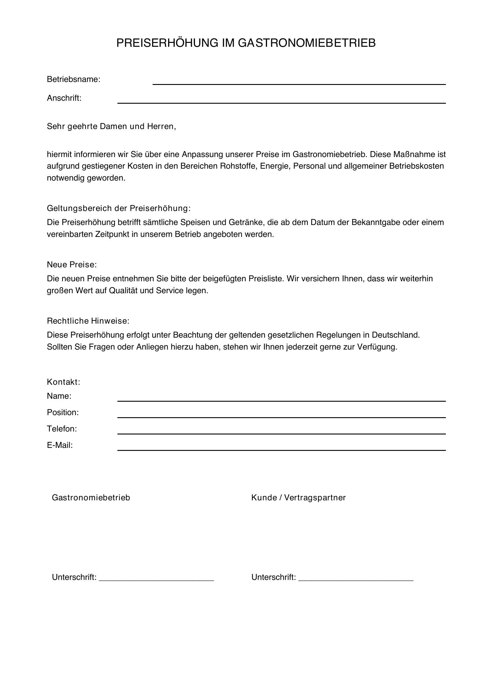 Vorlage Preiserhöhung Gastronomie