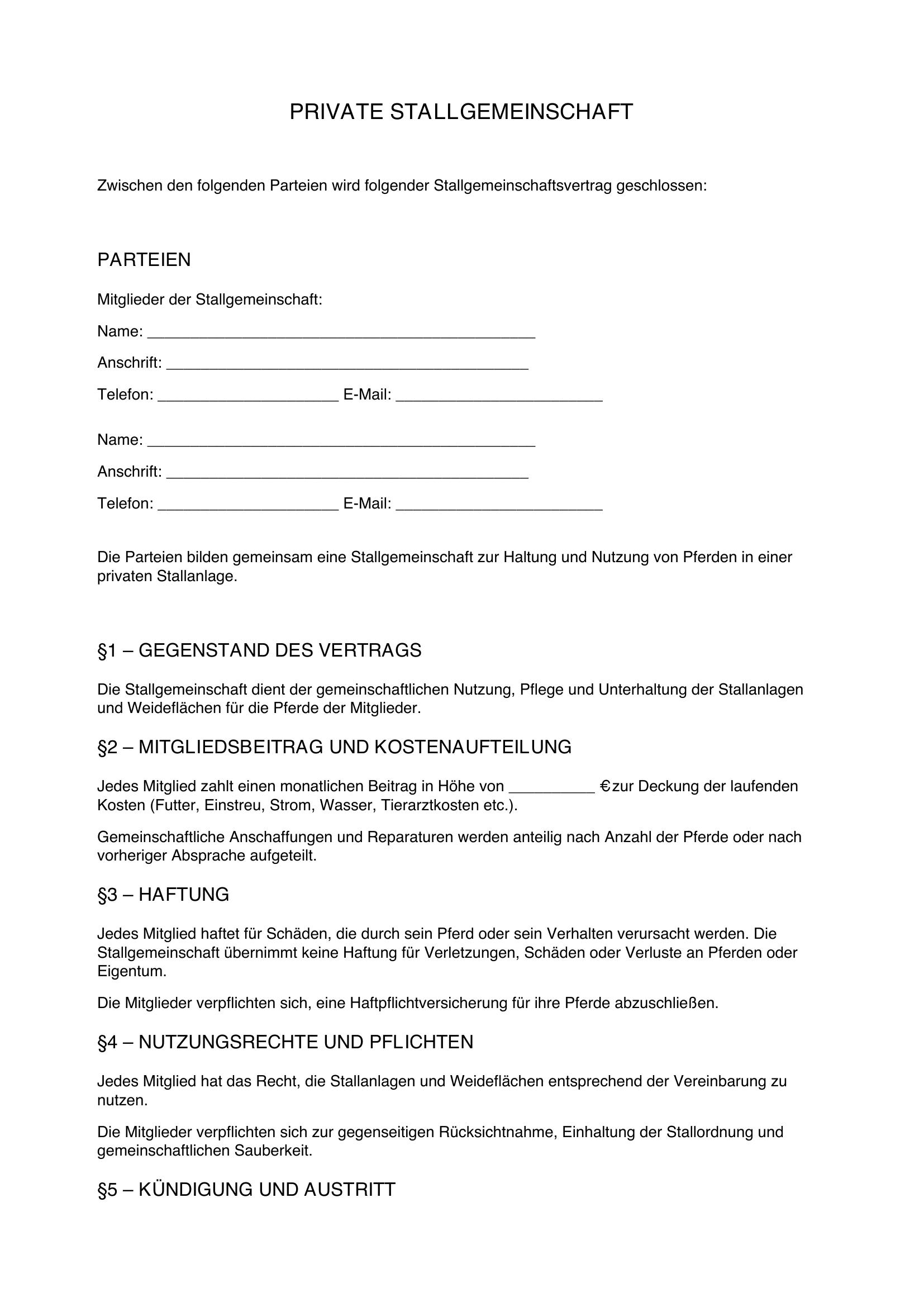 Private Stallgemeinschaft Vertrag