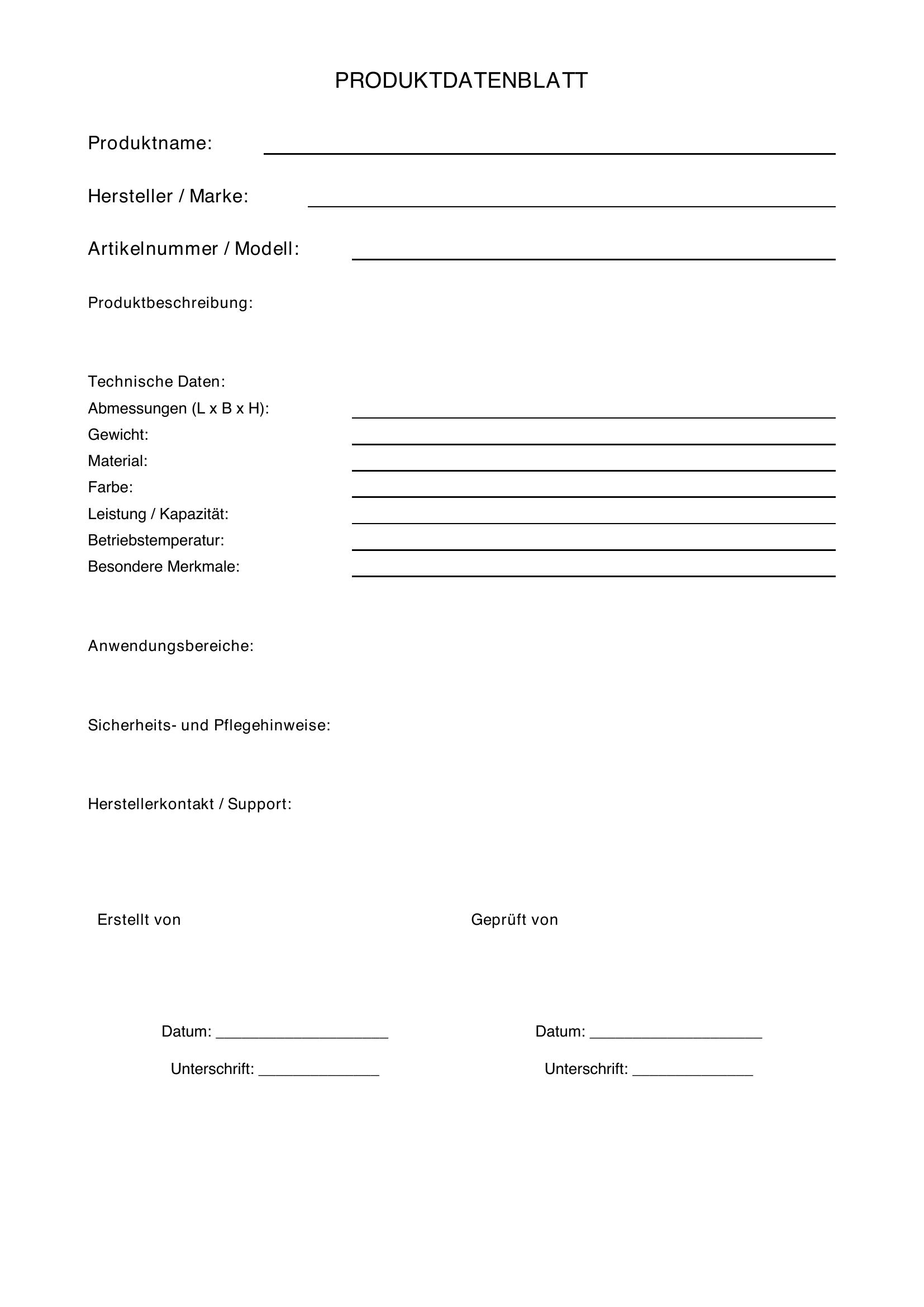 Produktdatenblatt Vorlage