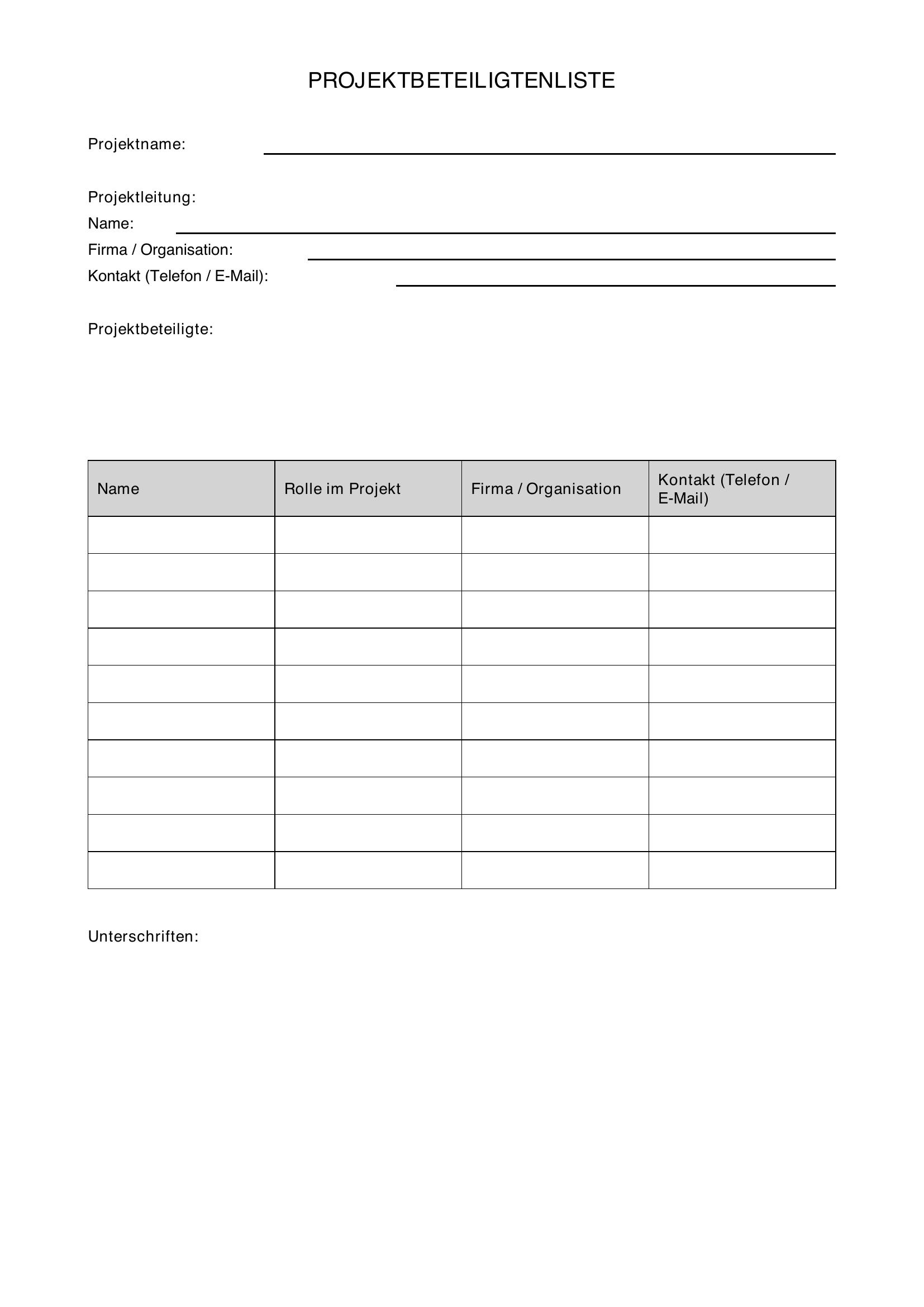 Projektbeteiligtenliste Vorlage
