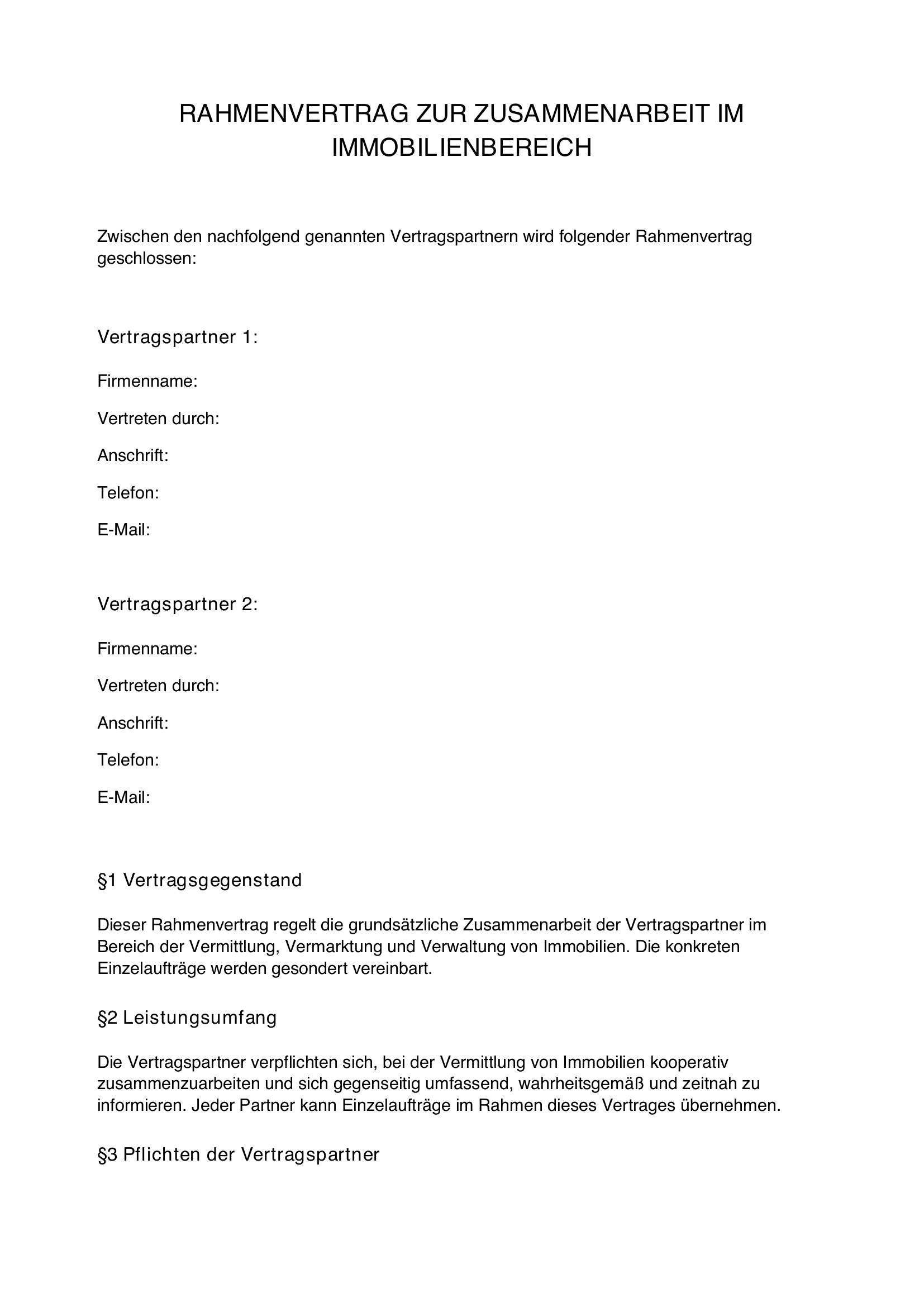 Rahmenvertrag Vorlage