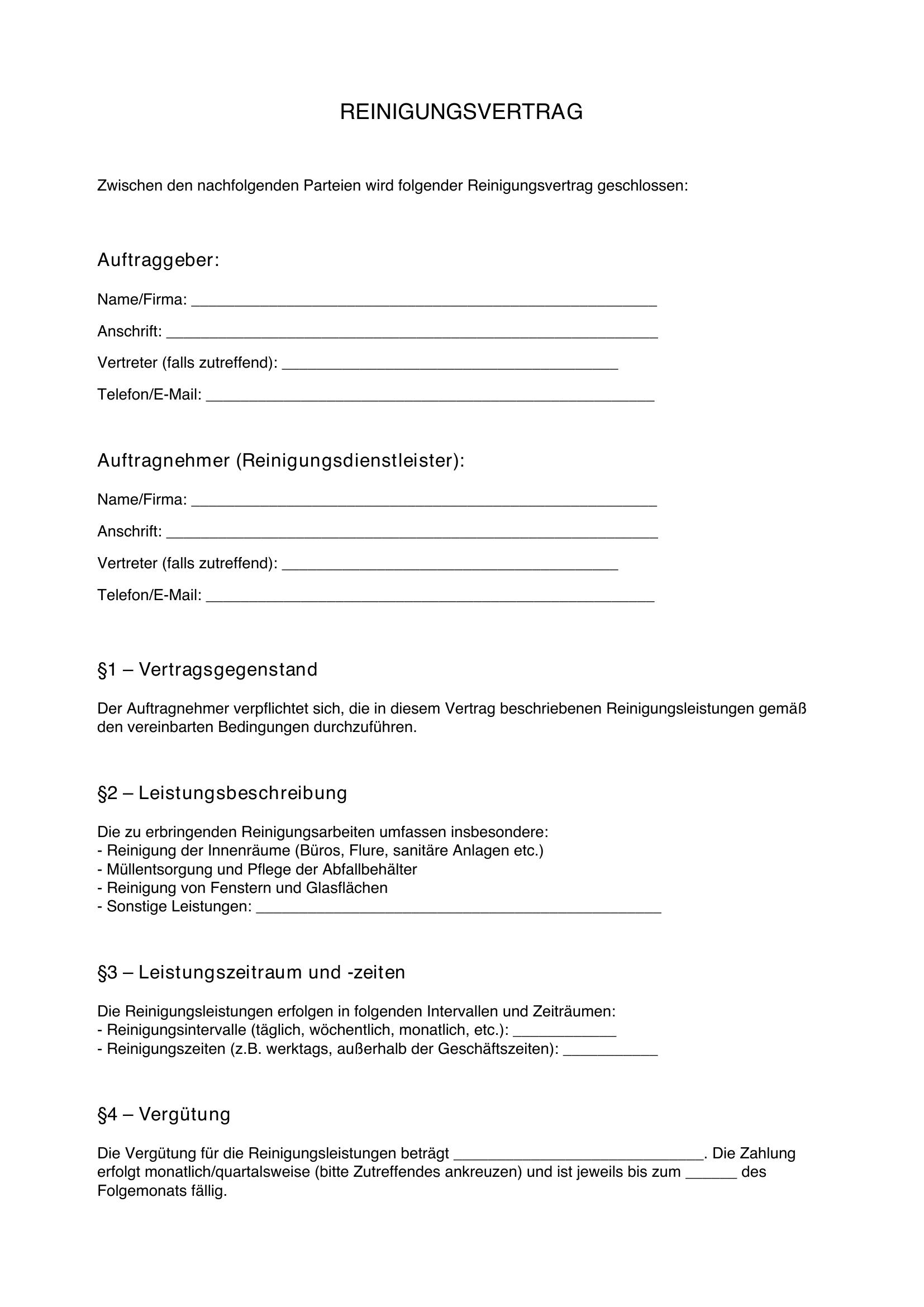 Reinigungsvertrag Muster