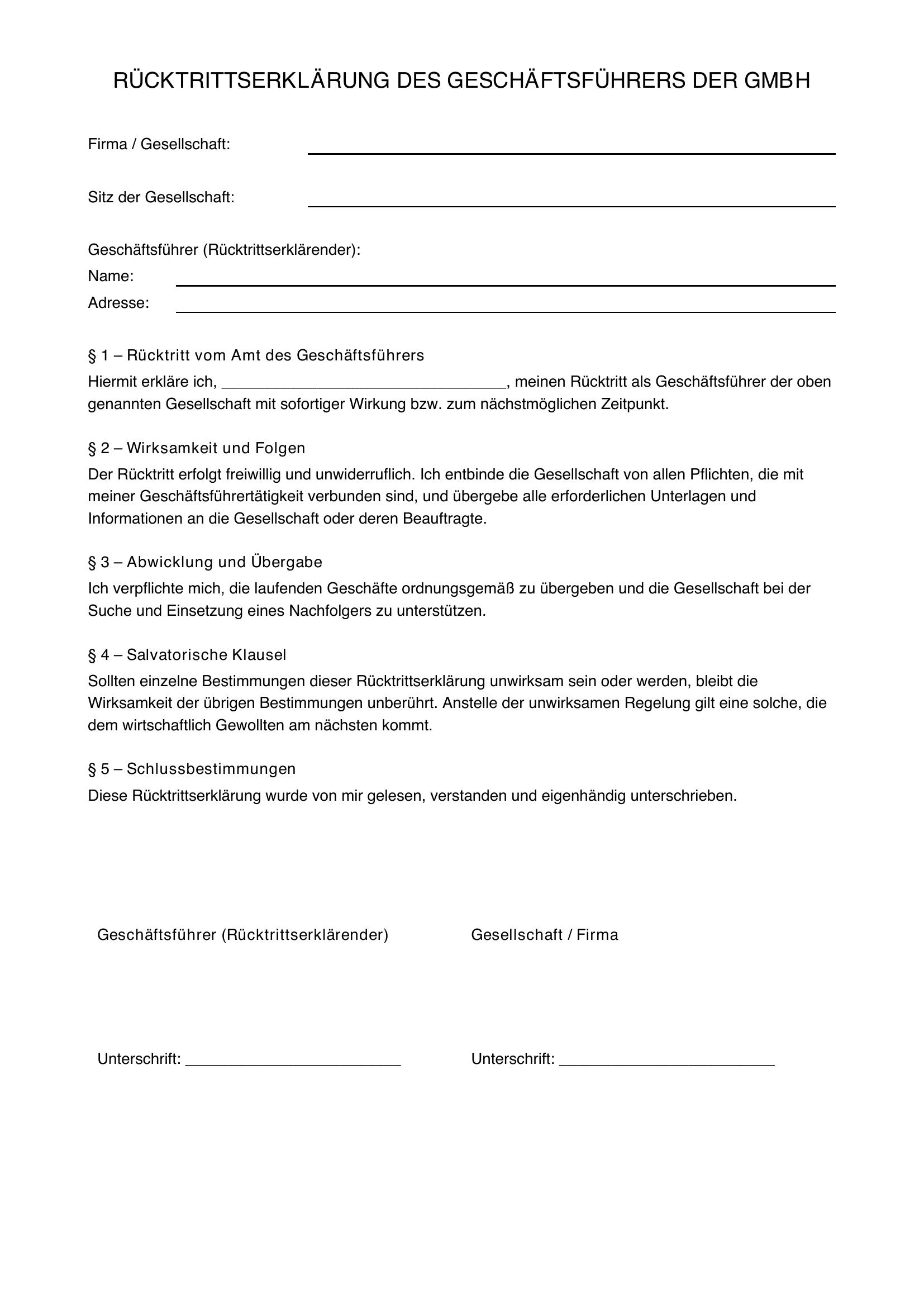 Rücktrittserklärung Geschäftsführer Gmbh Muster