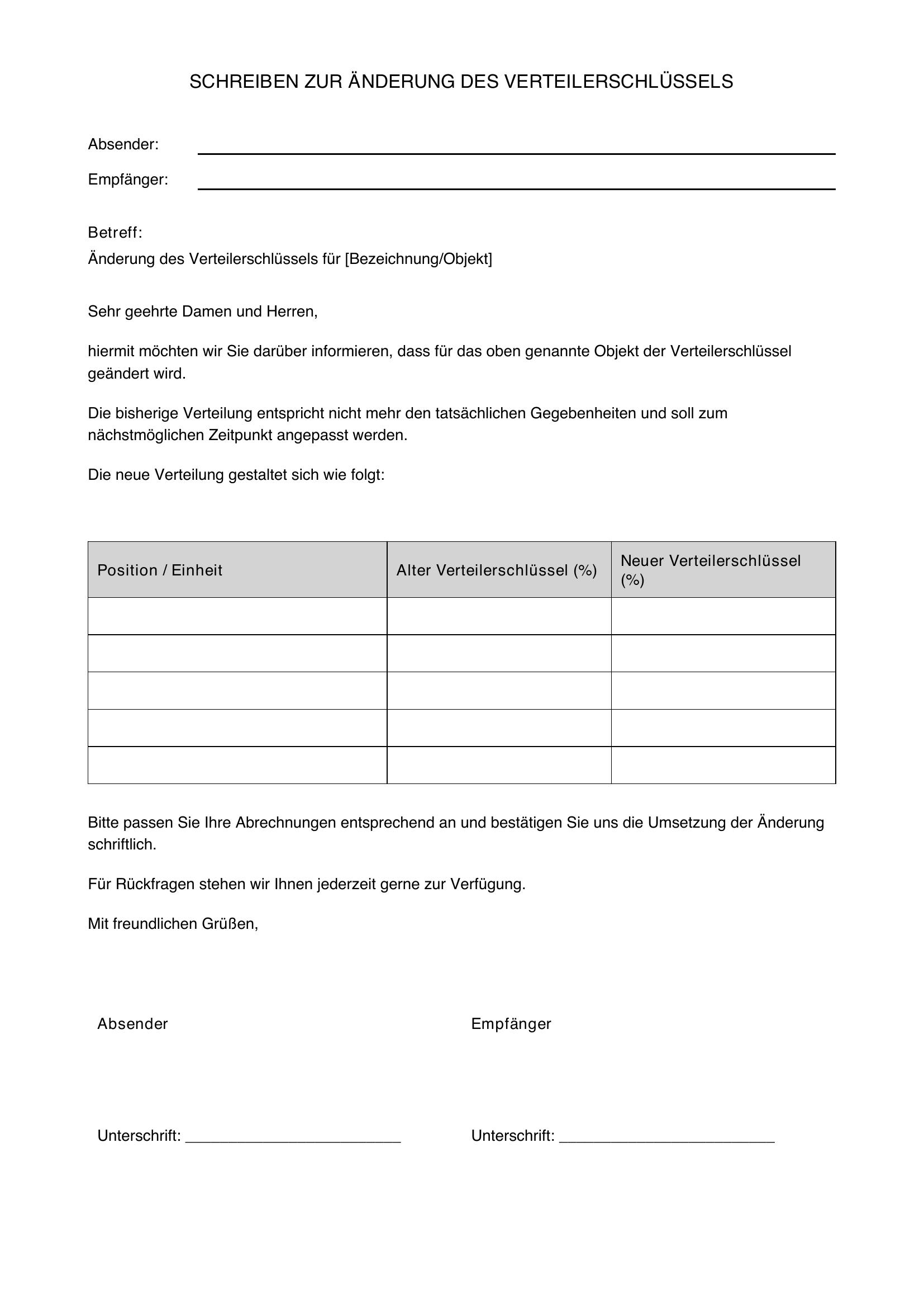Musterschreiben Änderung Verteilerschlüssel