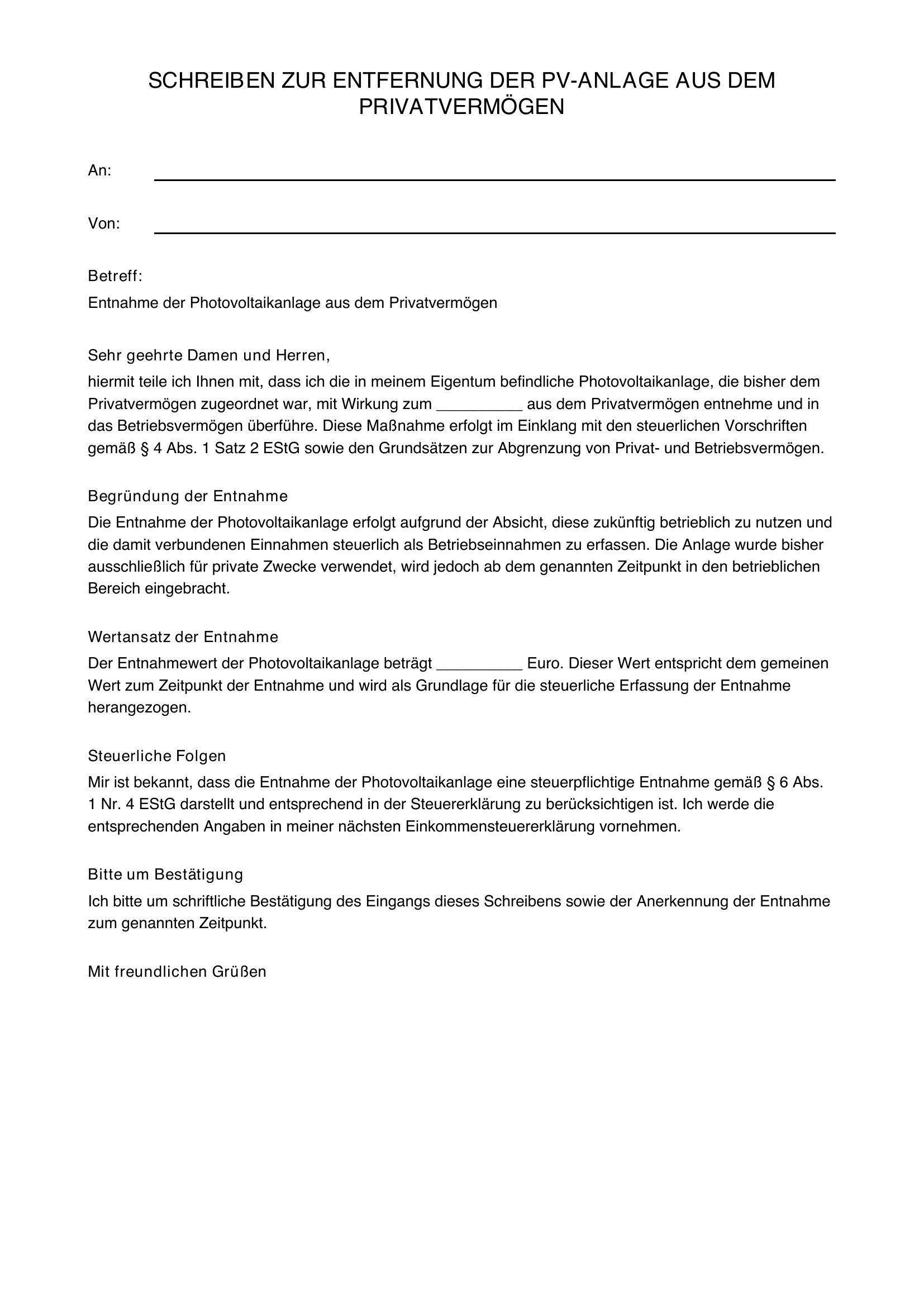 Musterschreiben Entnahme Pv-Anlage Ins Privatvermögen