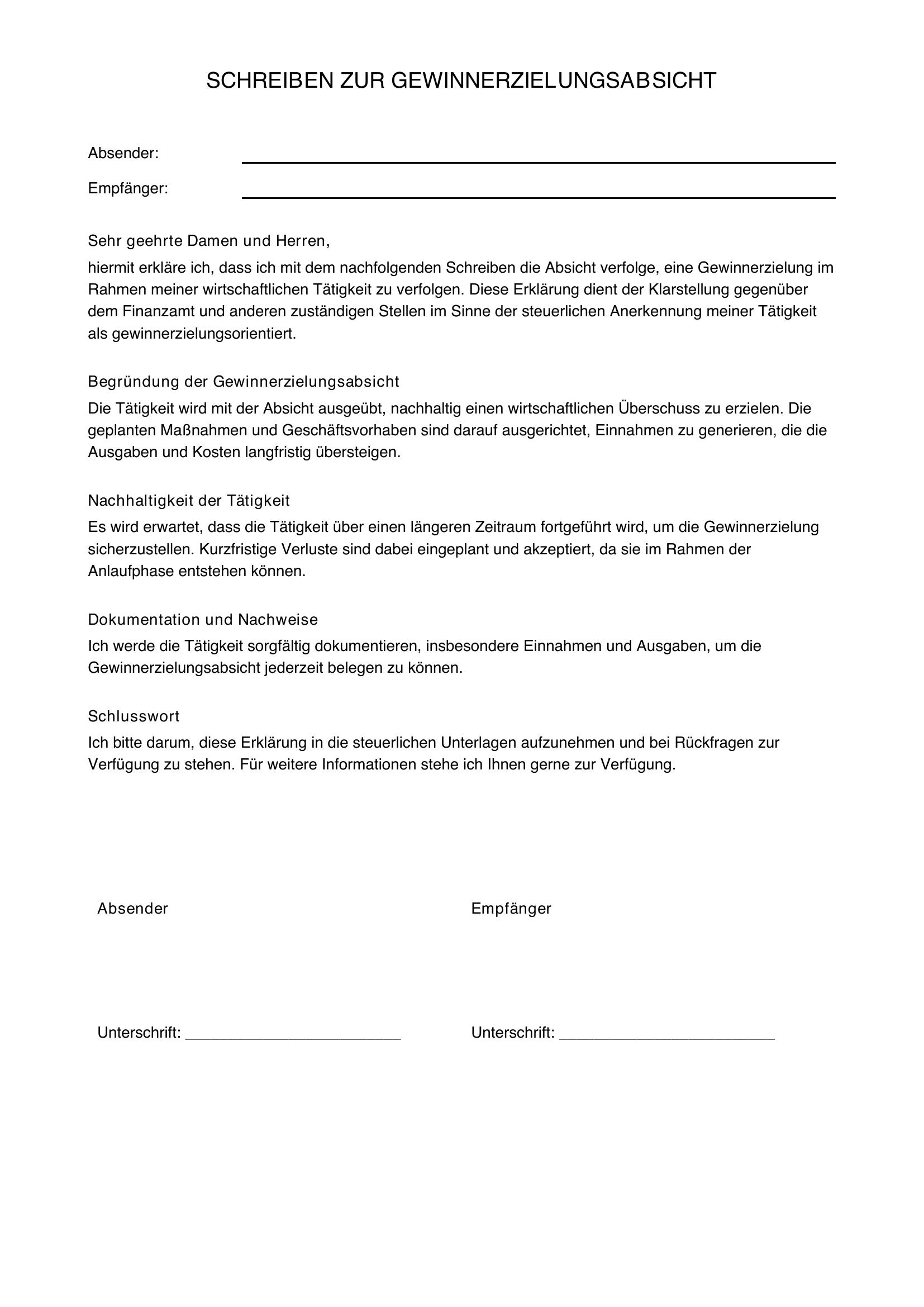 Musterschreiben Gewinnerzielungsabsicht