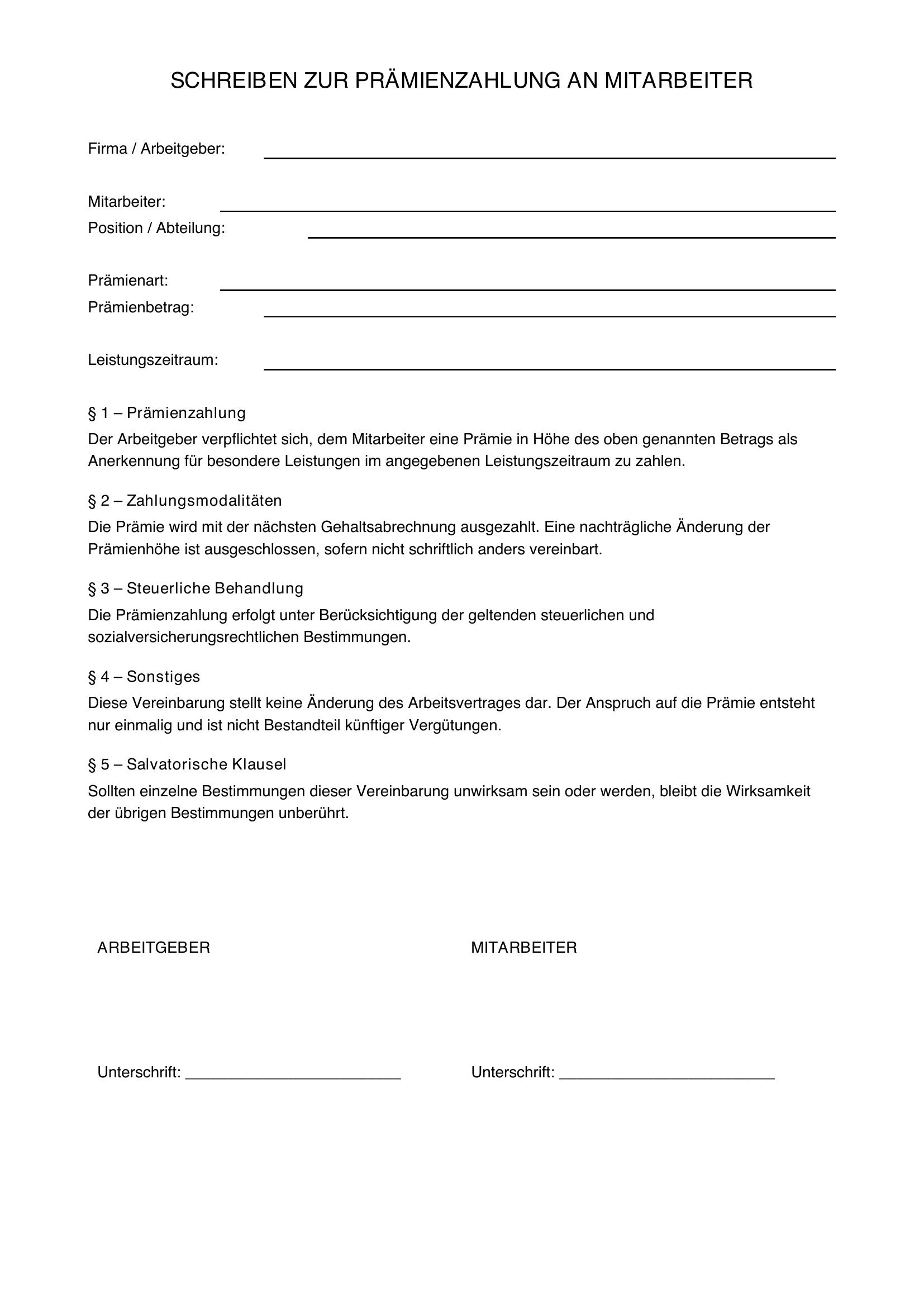 Musterschreiben Prämienzahlung Mitarbeiter