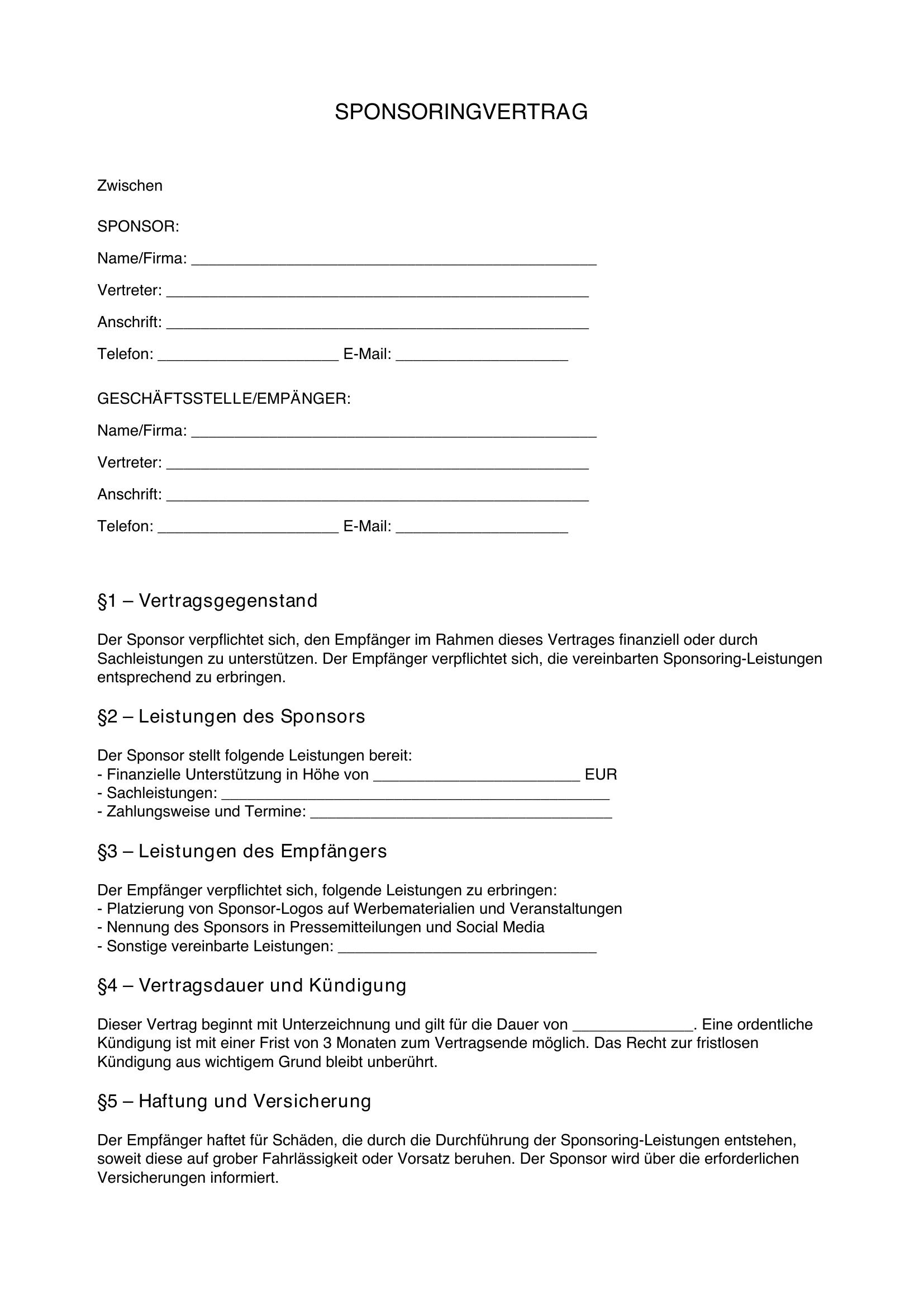 Sponsoringvertrag Muster