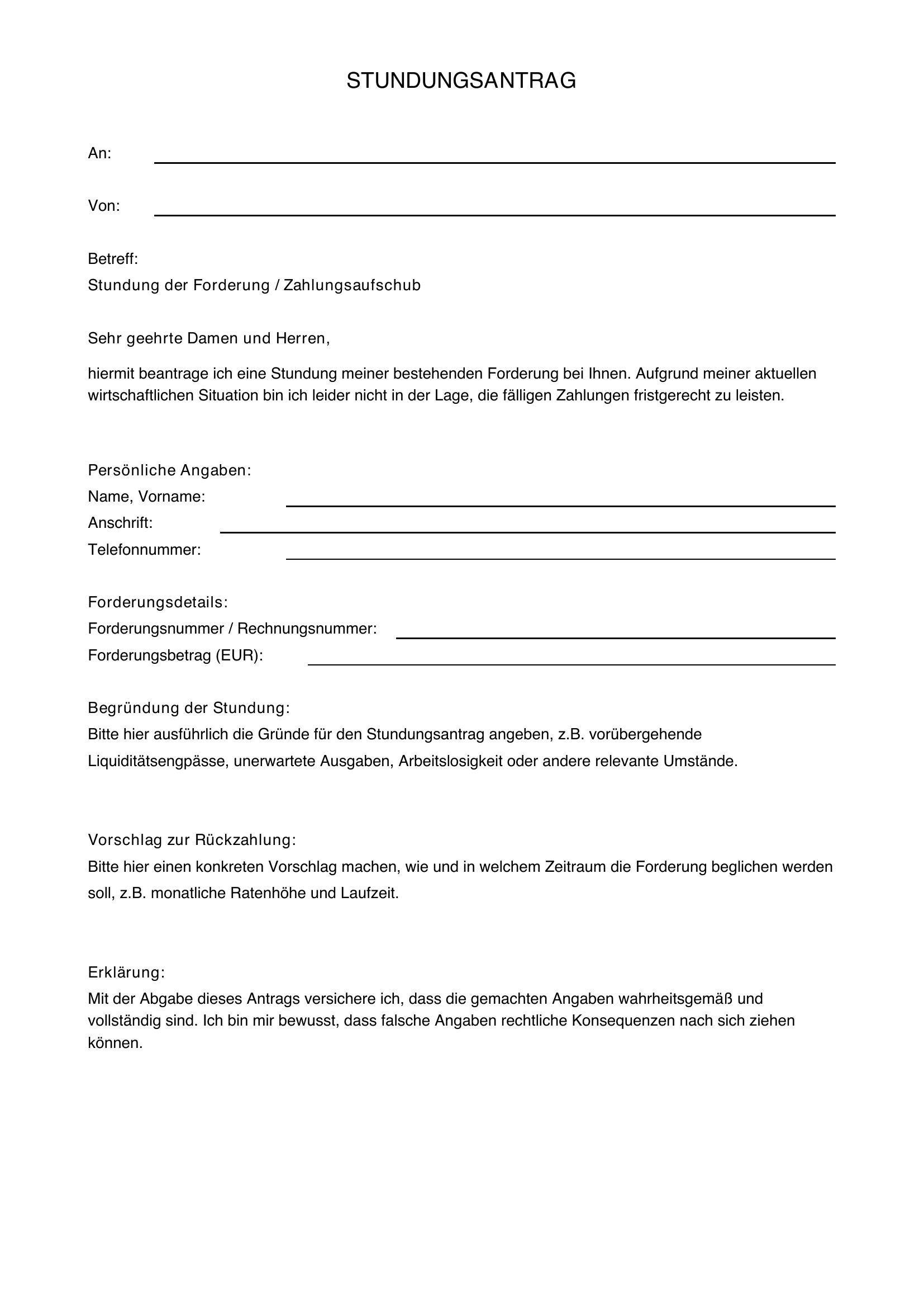 Stundungsantrag Vorlage