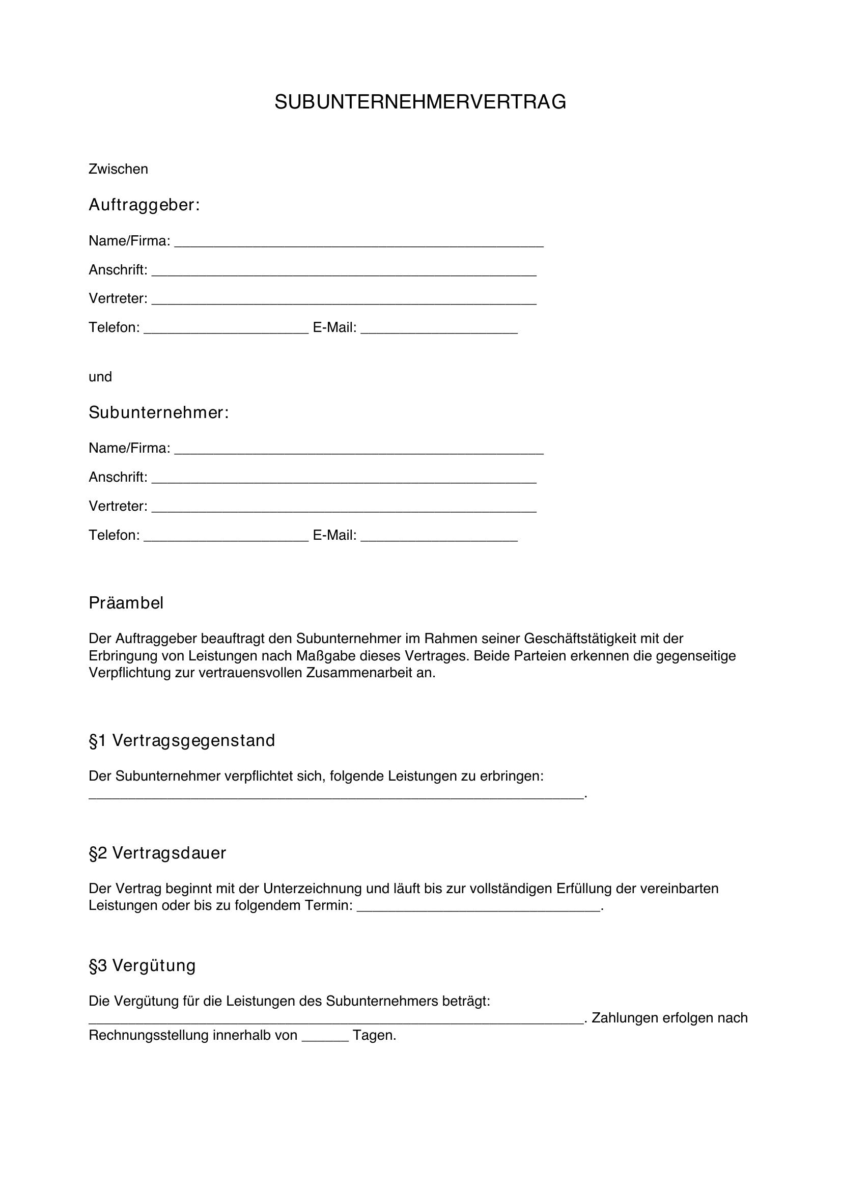 Subunternehmervertrag Vorlage