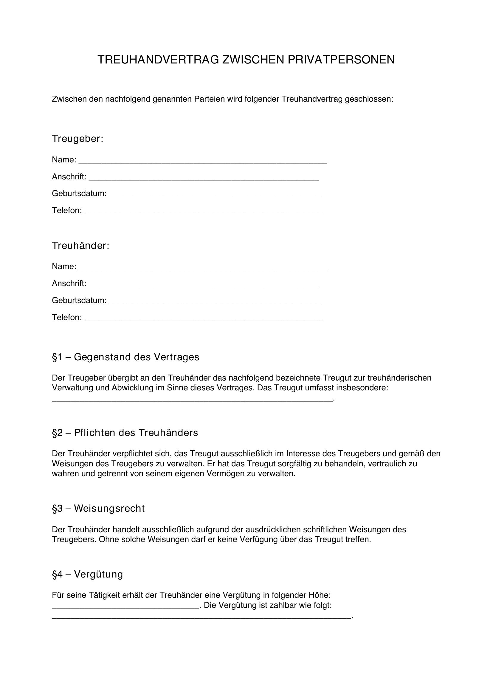 Treuhandvertrag Zwischen Privatpersonen