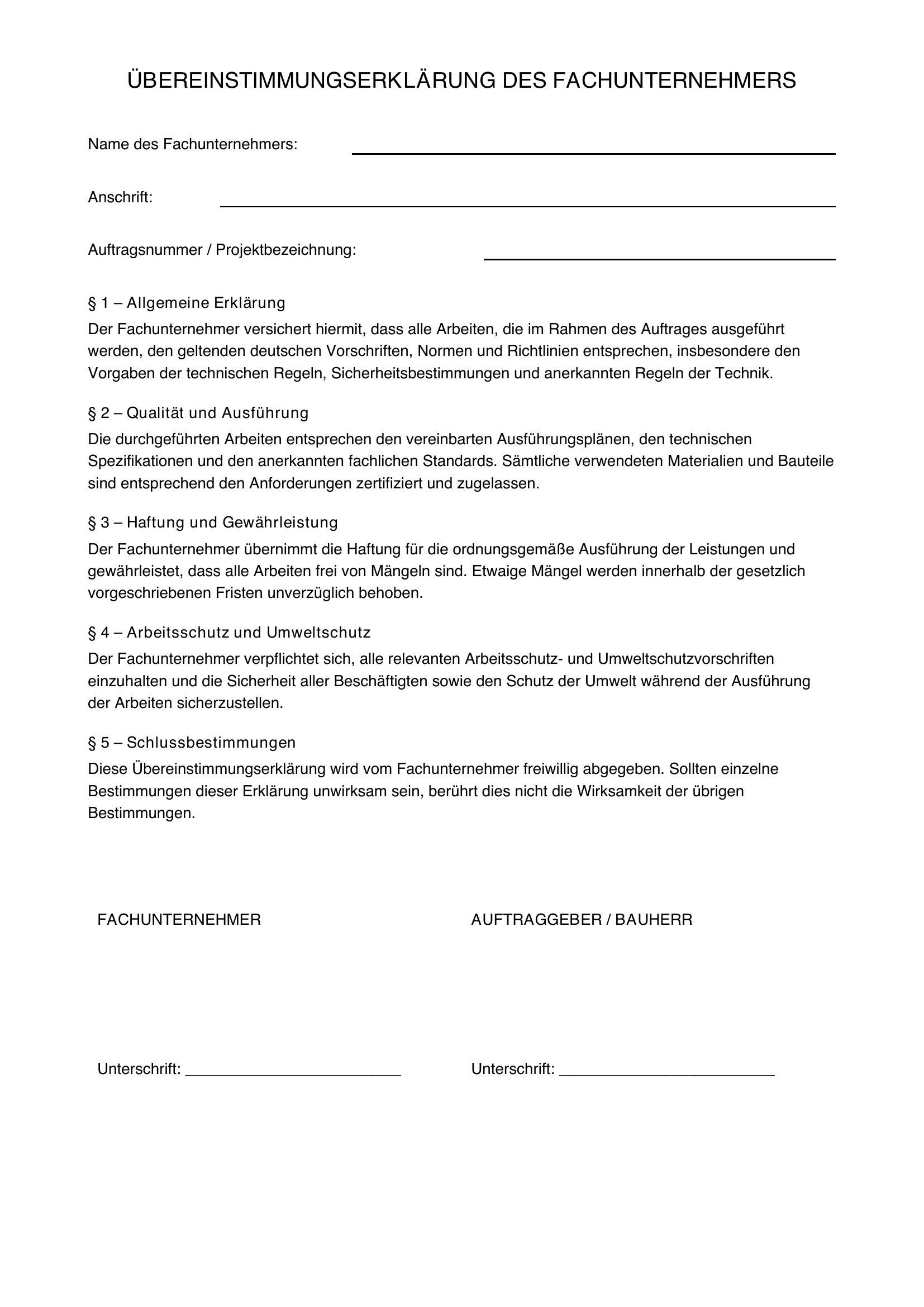 Übereinstimmungserklärung Des Fachunternehmers Vorlage